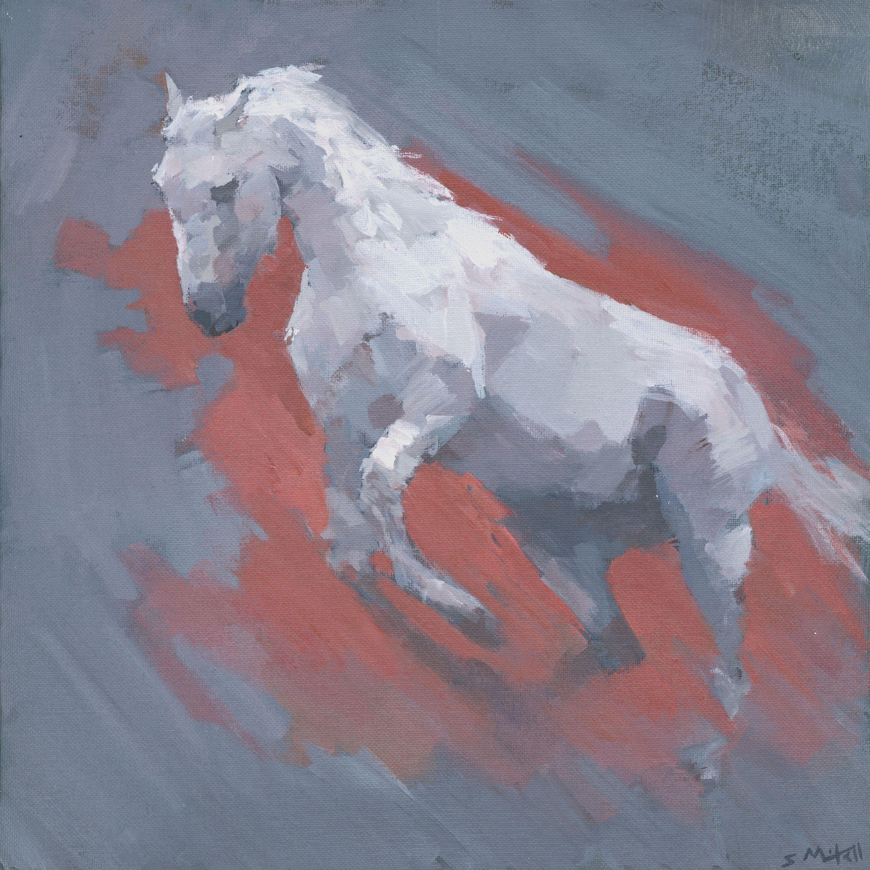 This is a small original painting of a galloping white horse. The expressive style and red background adds to the drama.    It is painted on 3mm canvas panel, and is framed in a white, deep profile wooden frame. :: Painting :: Impressionist :: This