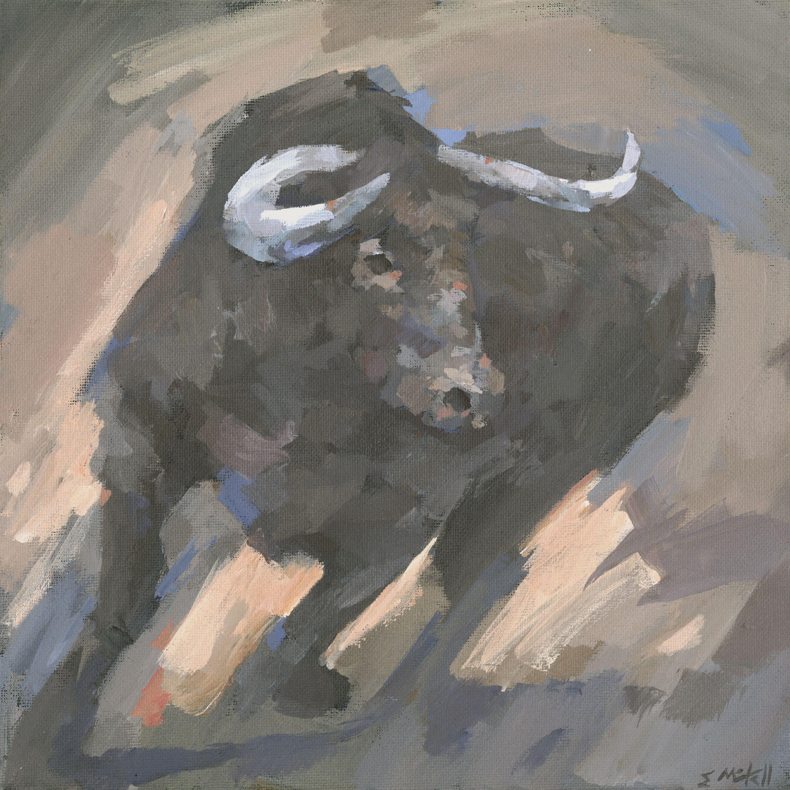 This is an original, one of a kind painting of a running bull. The expressive brushstrokes and colours capture the dramatic sight of the bull on the run.    It is painted on 3mm canvas panel, and is framed in a white, deep profile wooden frame. ::