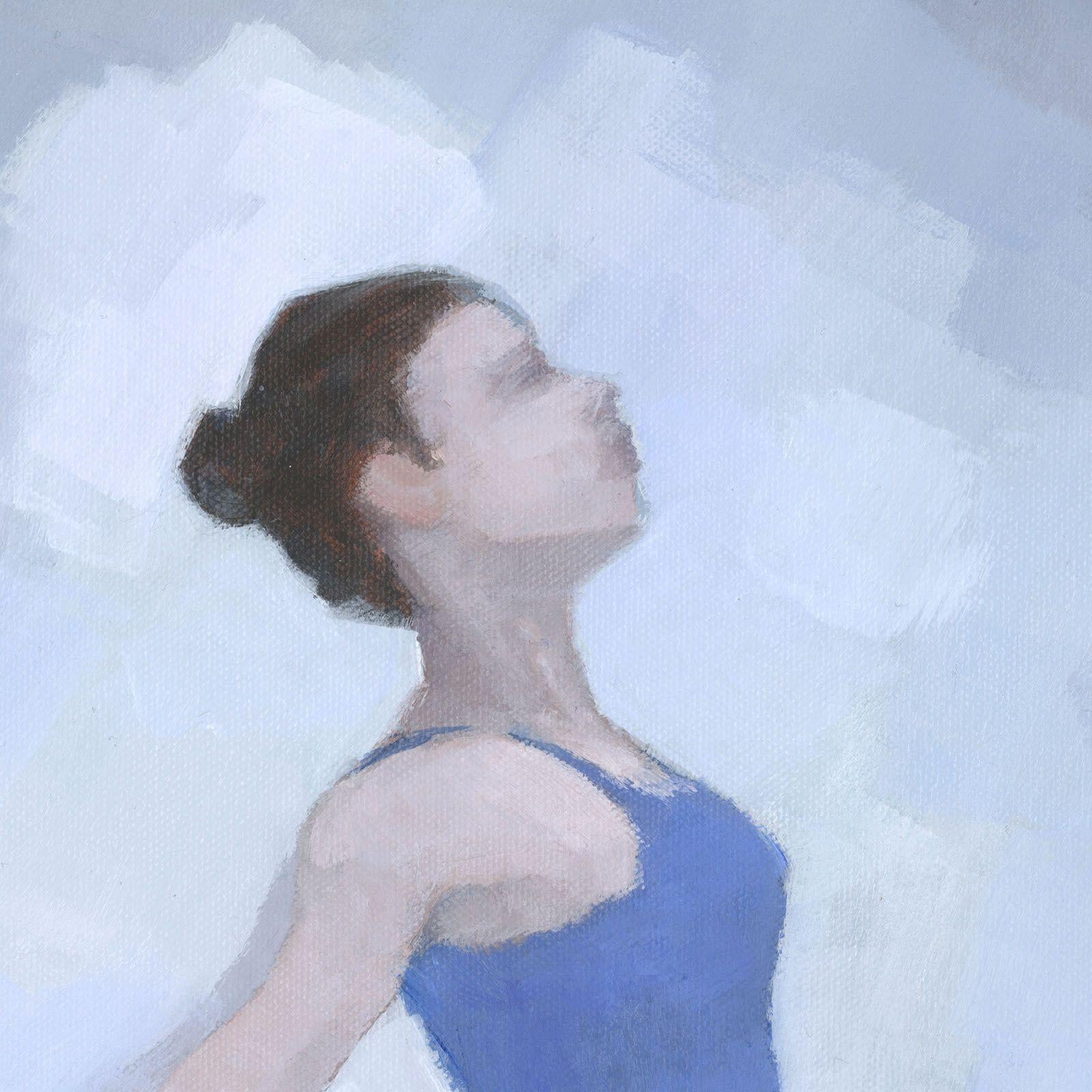 Il s'agit d'une peinture originale représentant une ballerine en train de se produire. Je l'ai peint avec une palette délicate de bleus, de lilas et de gris doux, capturant le mouvement léger et gracieux de la danseuse.    Il est peint sur une toile