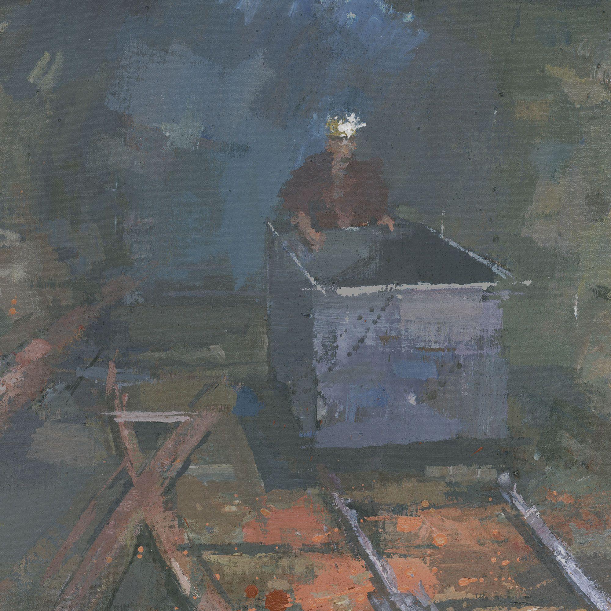 Il s'agit d'une peinture originale, unique en son genre. Un mineur pousse un chariot dans la mine d'étain de South Crofty, en Cornouailles. Le projecteur met en valeur les riches couleurs de terre du tunnel. South Crofty a une longue histoire