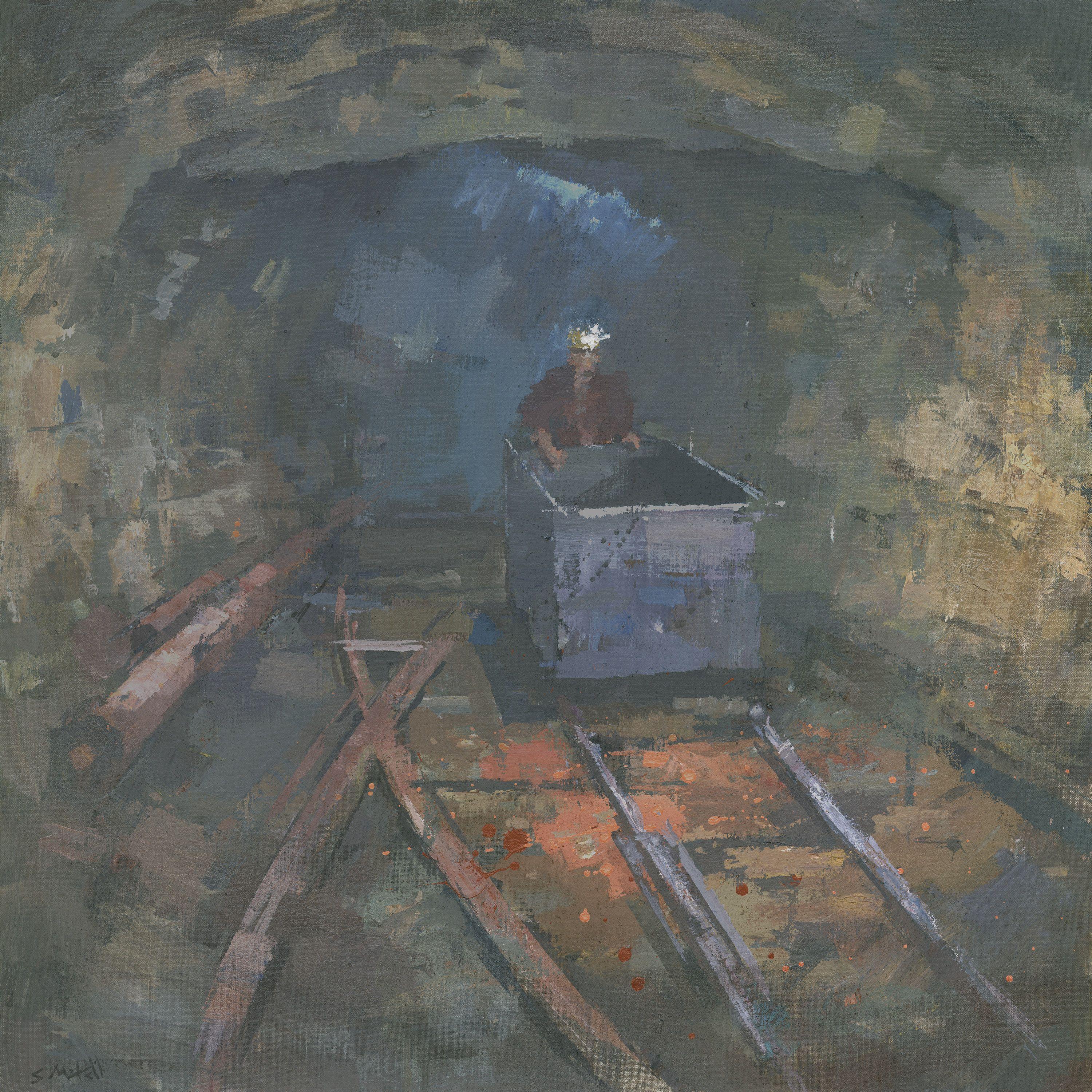 This is an original, one of a kind painting. A miner pushes a cart at South Crofty tin mine in Cornwall. The headlamp highlights the rich earth colours of the tunnel. South Crofty has a long history of copper and tin mining, going back over 400