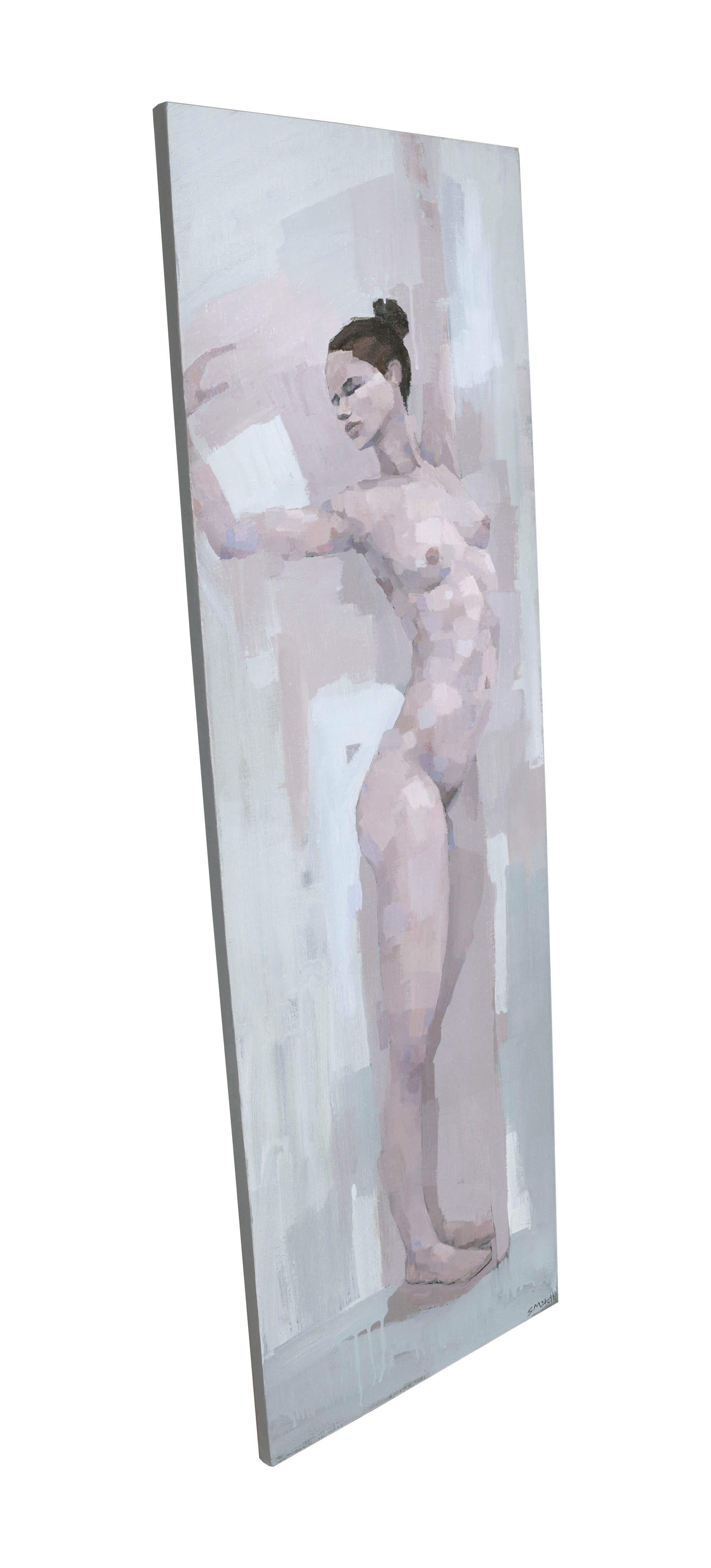 This is an acrylic on canvas painting of a female nude. I was drawn to the strong triangular shapes created by the pose. It is painted on standard depth stretched canvas, and is ready to hang. :: Painting :: Contemporary :: This piece comes with an