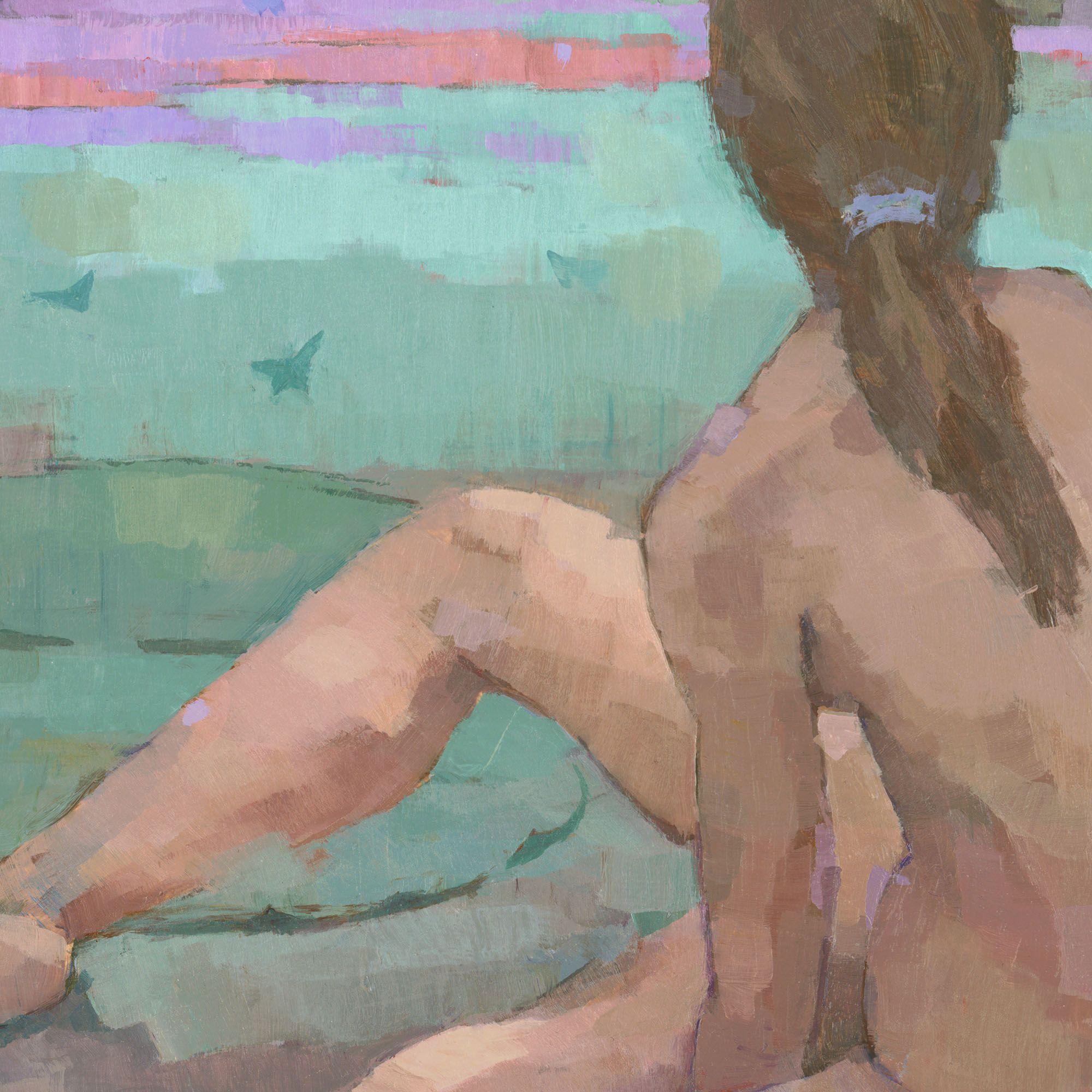 Se trata de un cuadro original acrílico de figura femenina. Una mujer está sentada en el borde de un tranquilo estanque, de espaldas al espectador, mientras contempla absorta una reunión de mariposas púrpuras. Su entorno está representado con