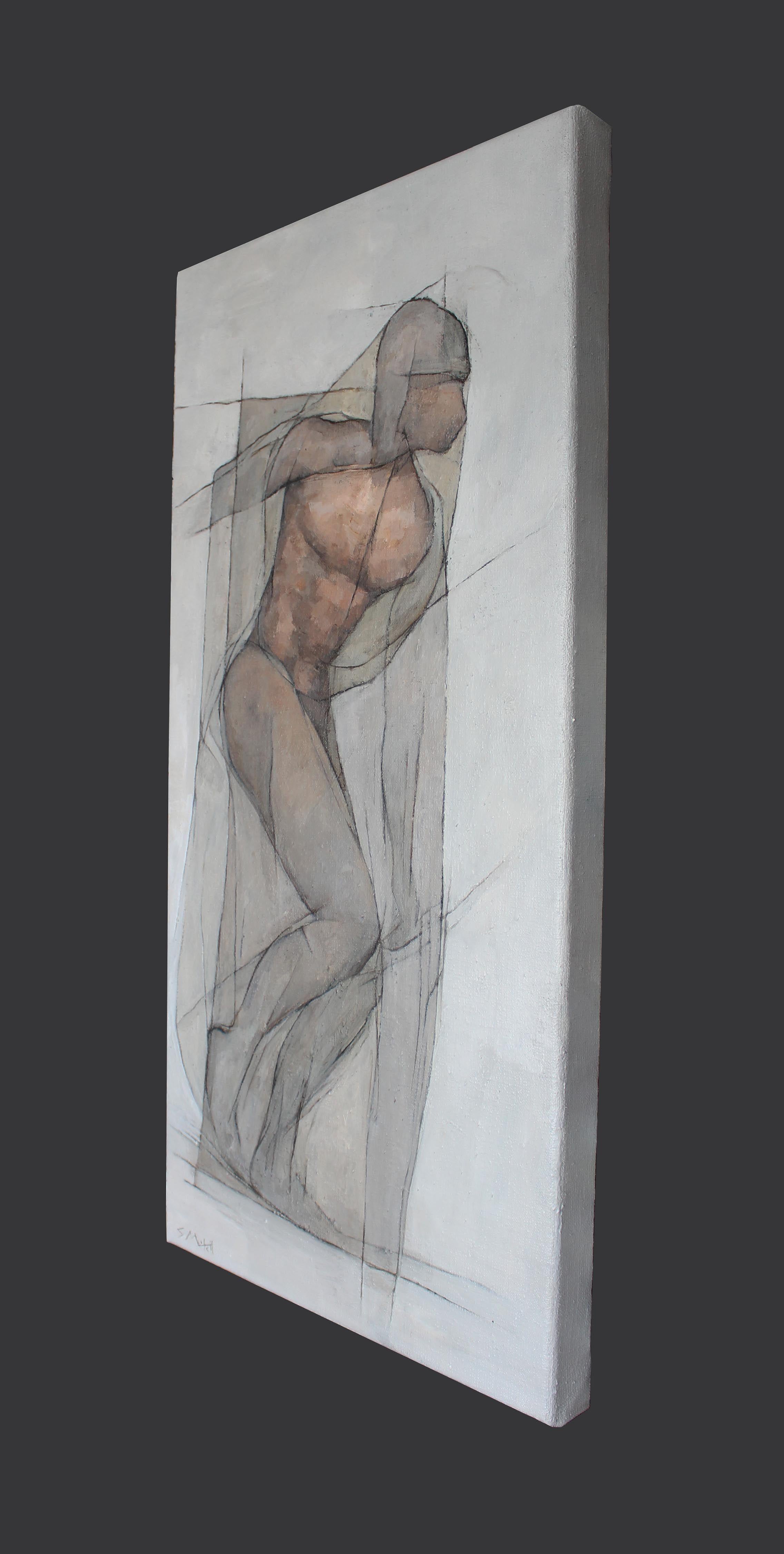 Il s'agit d'une peinture originale à l'acrylique sur toile représentant un personnage masculin. Je me suis concentré sur les lignes et les formes abstraites, en utilisant les couleurs et les tons de manière limitée afin de mettre en valeur