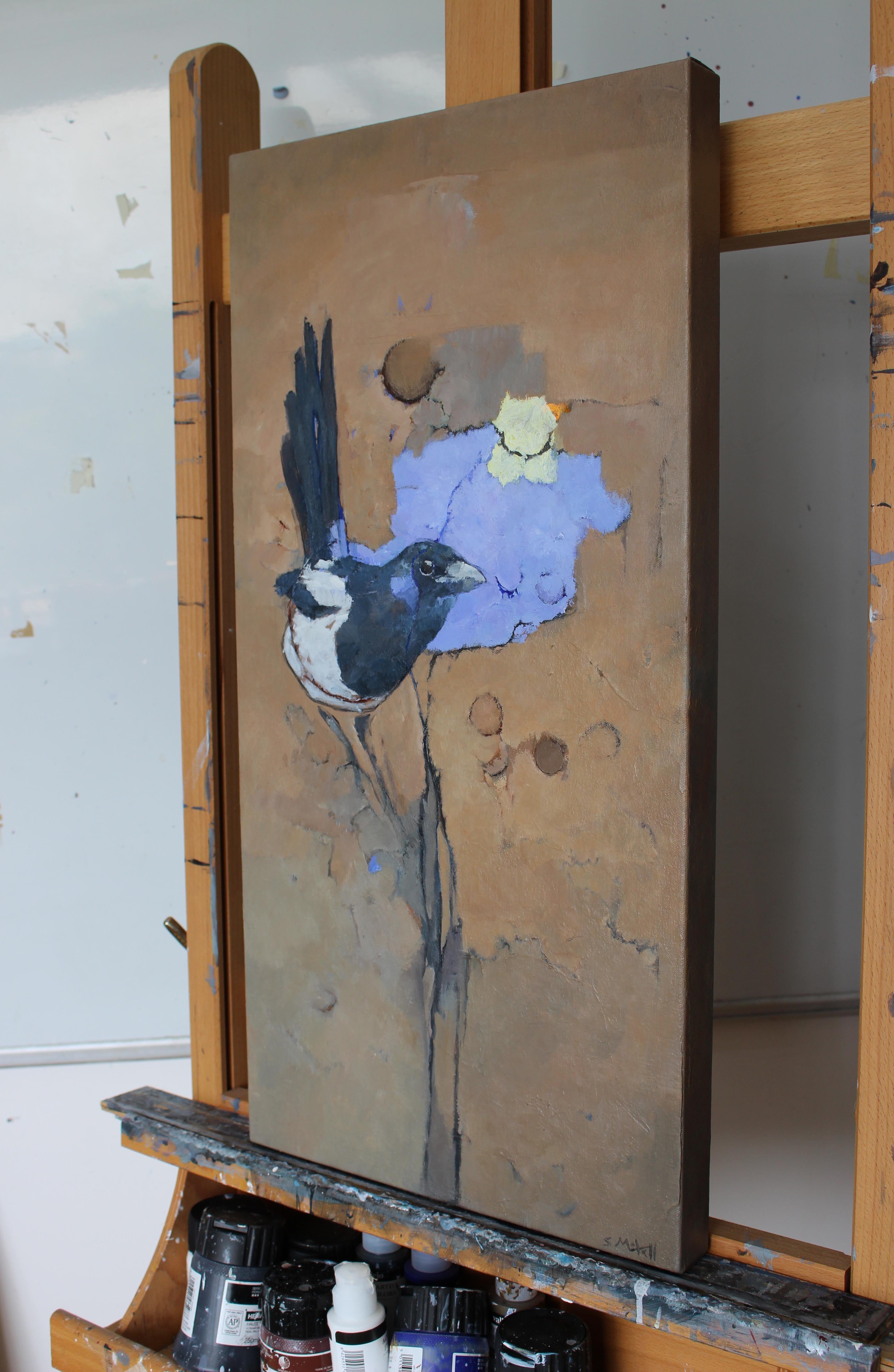 The magpie is such a smart bird, in more ways than one. I was interested in how it symbolised different, often opposite meanings in folklore around the world. It is painted on deep profile canvas, with the sides painted brown to match the painting.