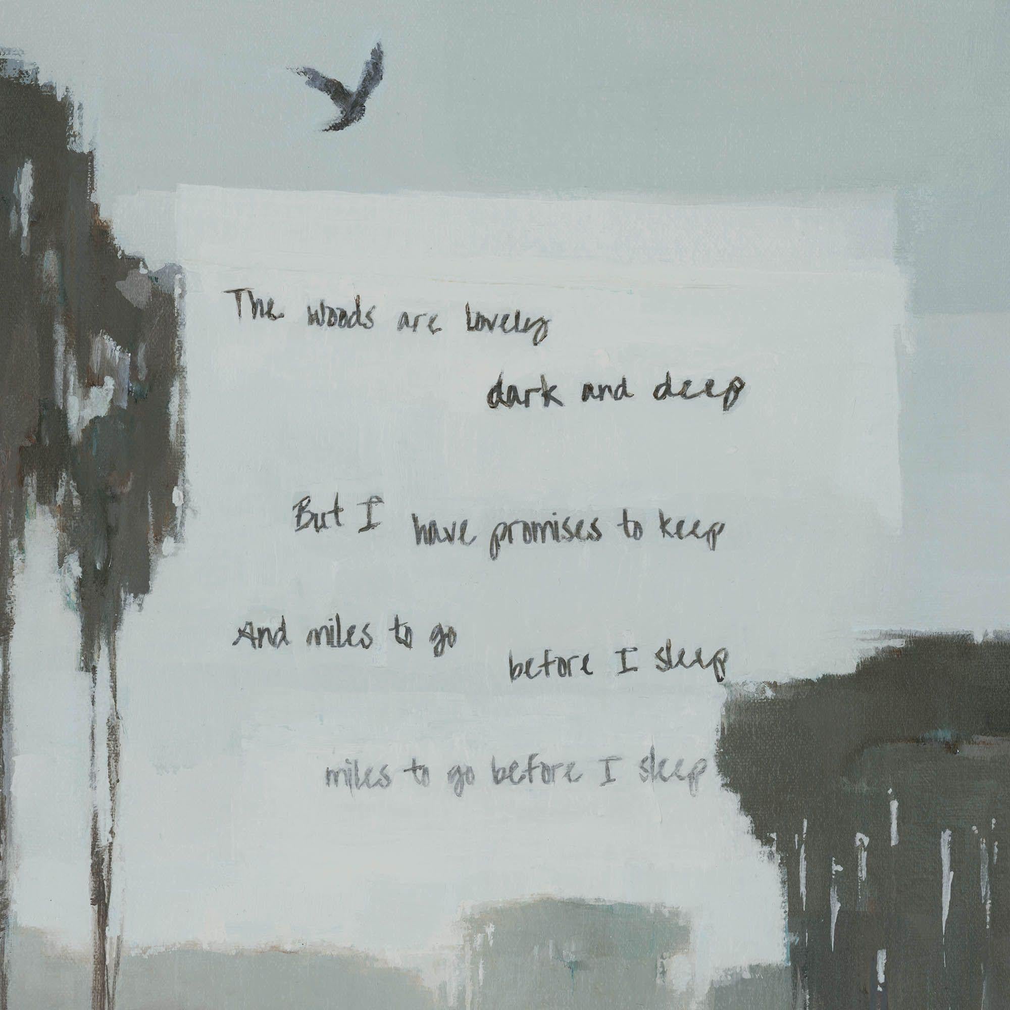 Este es un cuadro original de cuervos contemplando un bosque sereno. Incrustadas dentro de la pintura están las palabras impresas de un poema de Robert Frost 