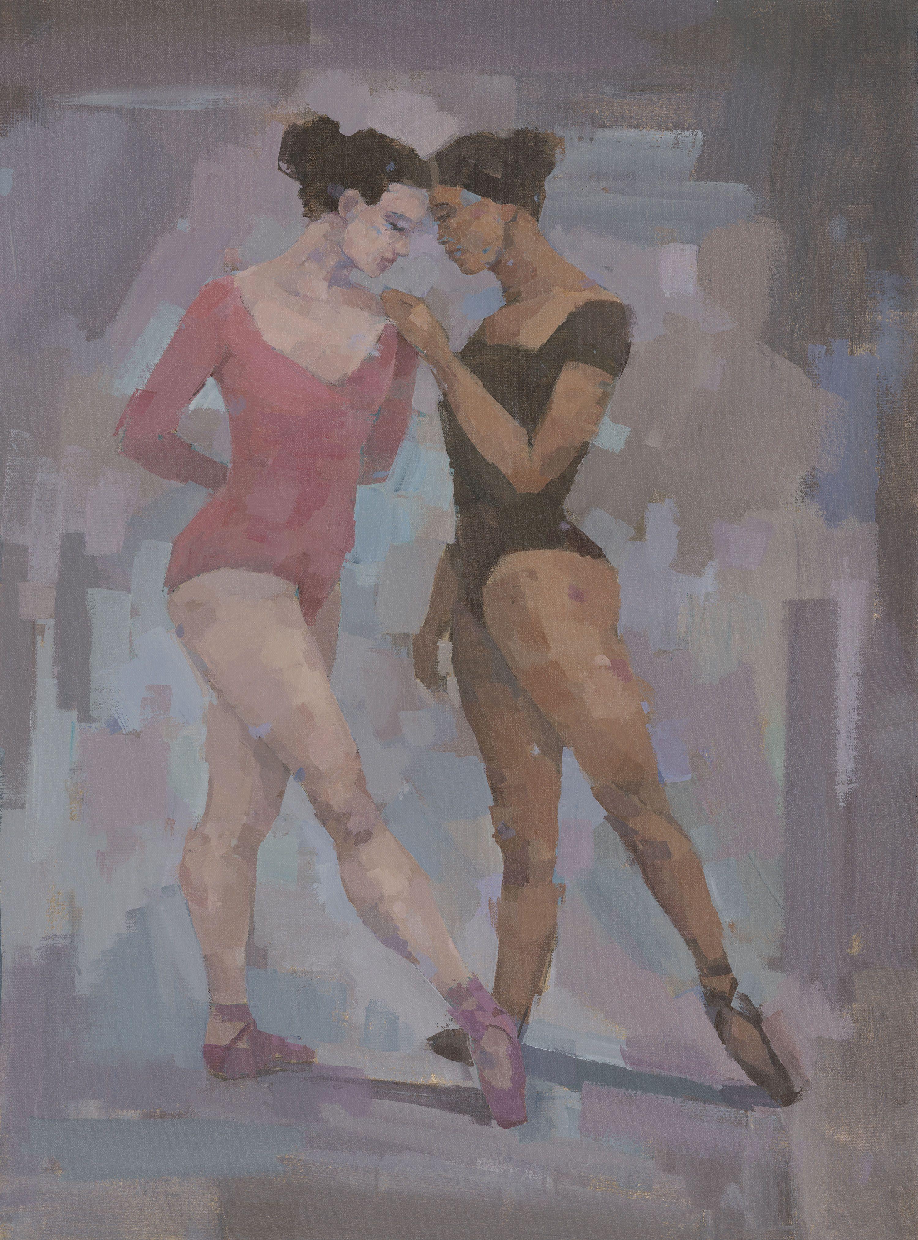 This is an original acrylic on canvas painting of two dancers practising in the studio. It is painted on stretched canvas, with the sides painted black. It will be varnished and ready to hang. :: Painting :: Fine Art :: This piece comes with an