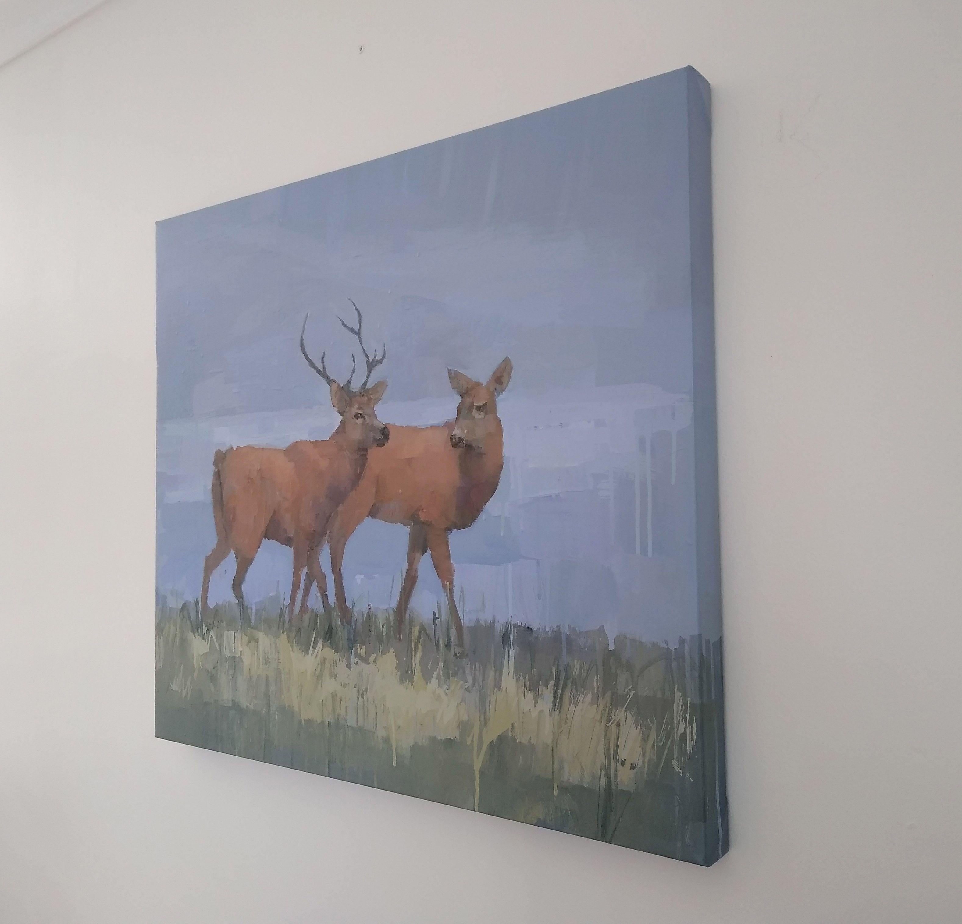 This is an original painting of two red deer, strolling along the lakeside on Exmoor. I loved the color of the red brown deer against the indigo blue backdrop. It is painted on stretched canvas, ready to hang. :: Painting :: Impressionist :: This