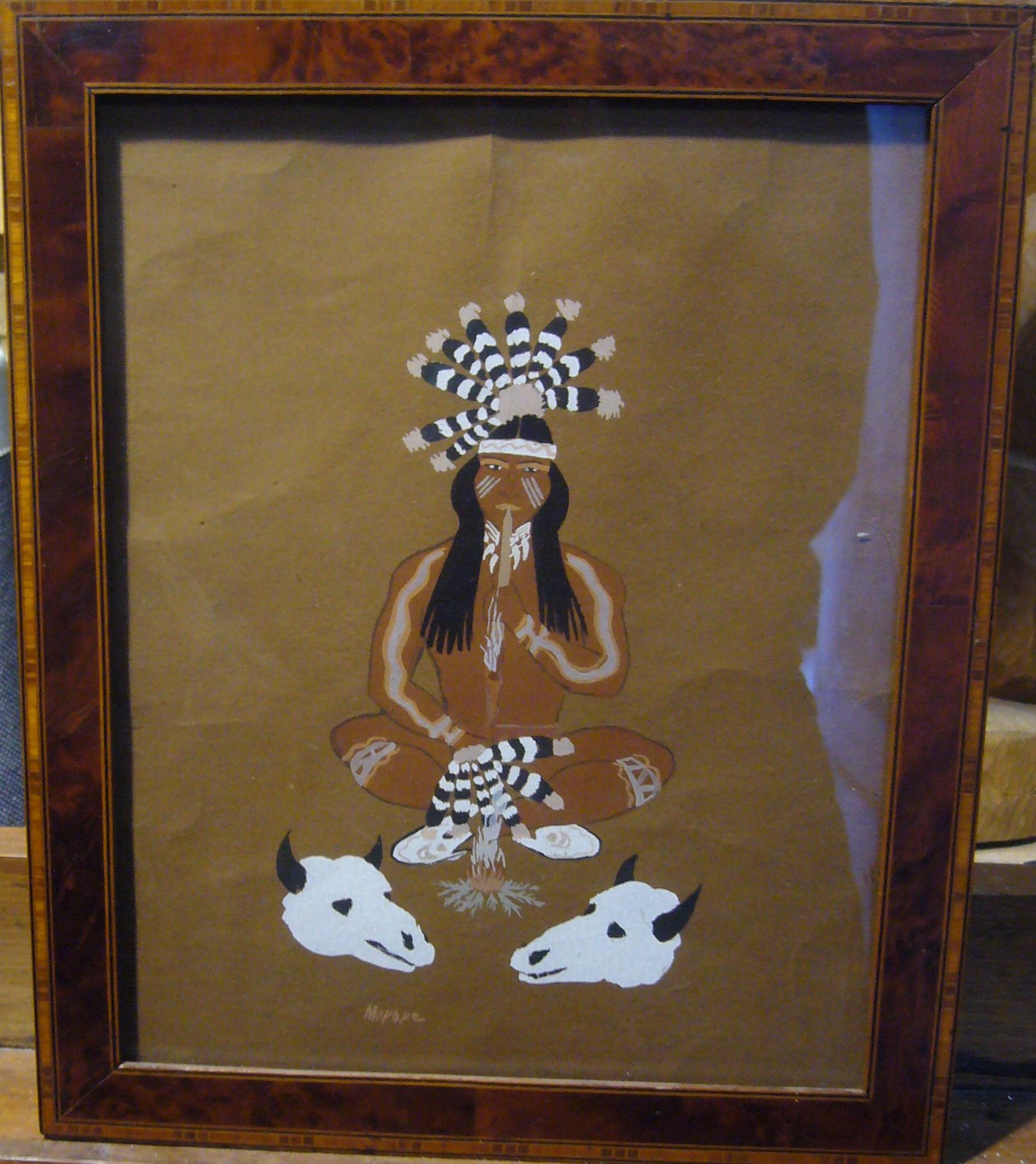 Chief Indian, 30's - gouache, 29x23 cm, encadré - Painting de Stephen Mopope