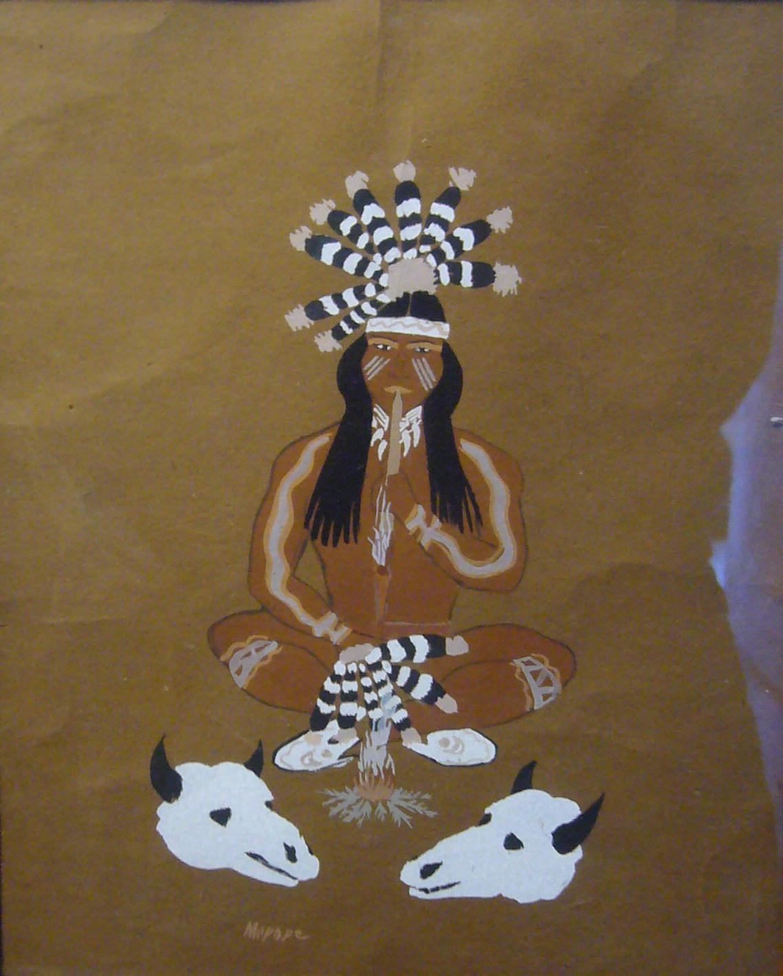 Figurative Painting Stephen Mopope - Chief Indian, 30's - gouache, 29x23 cm, encadré