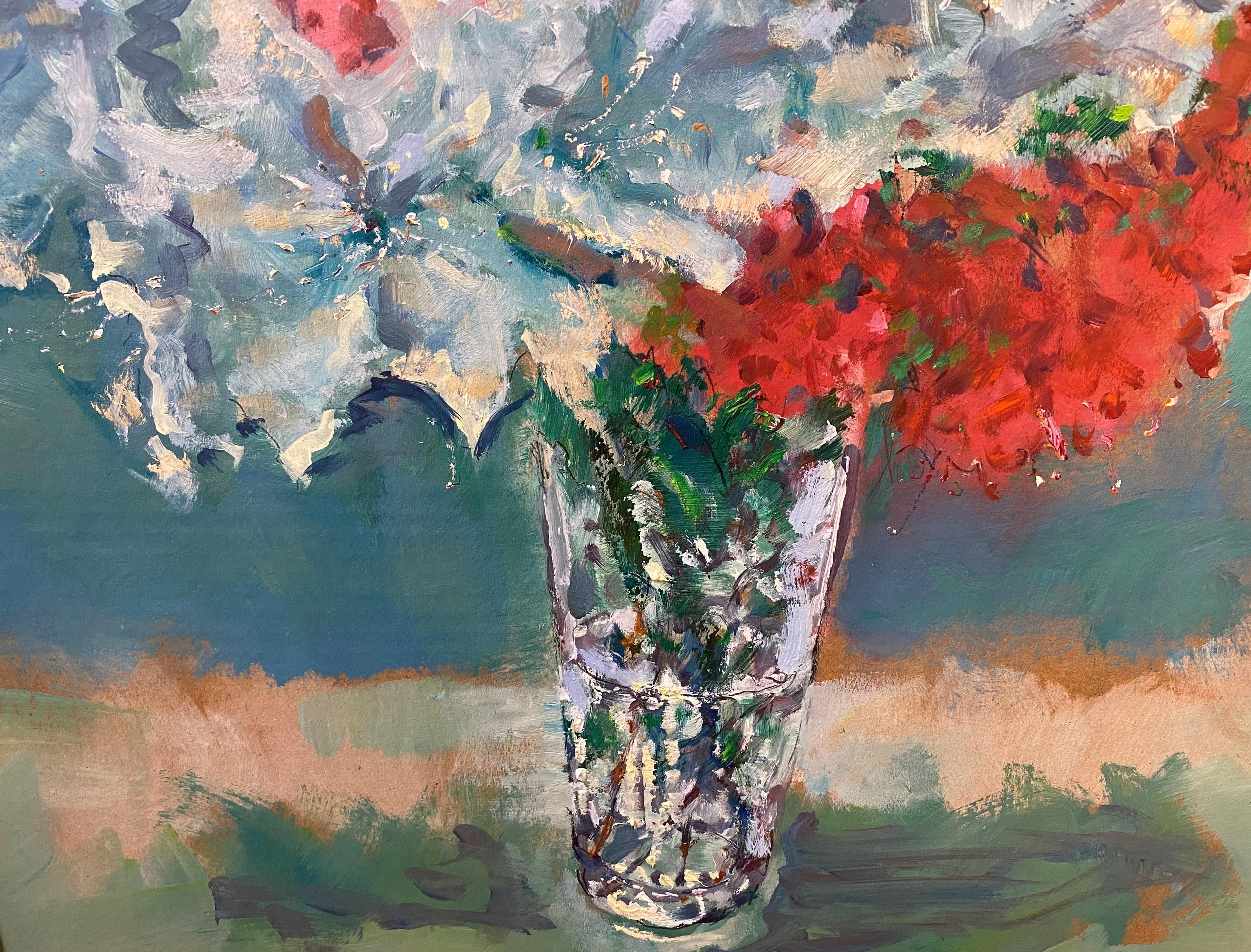 Une belle nature morte impressionniste avec des fleurs dans un vase en verre taillé par l'artiste américain contemporain Stephen Motyka (né en 1964). Stephen est né à Rhode Island et a commencé à peindre et à dessiner dès son plus jeune âge. Tout au