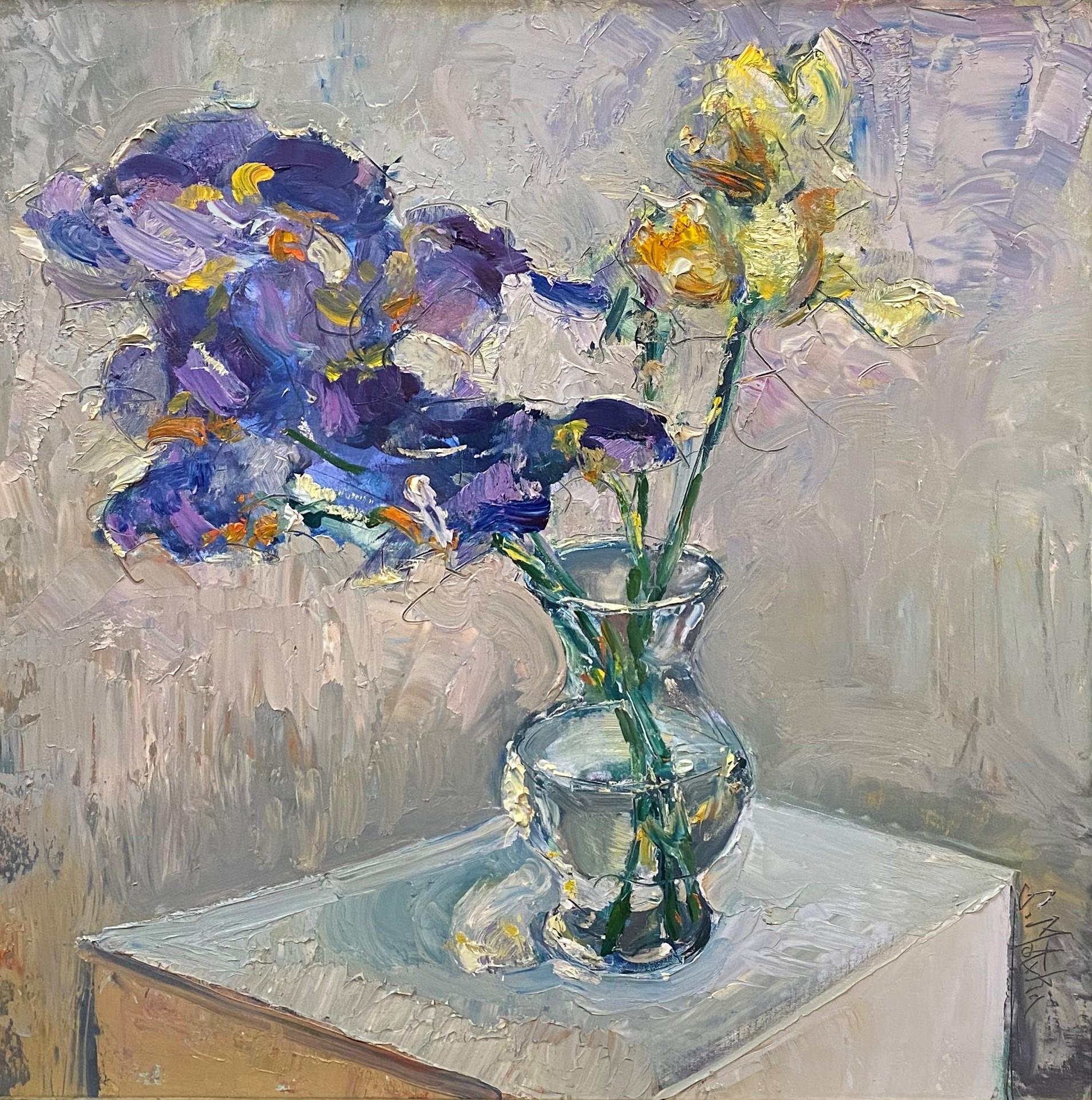 Irises in a Glass Vase - Painting by Stephen Motyka