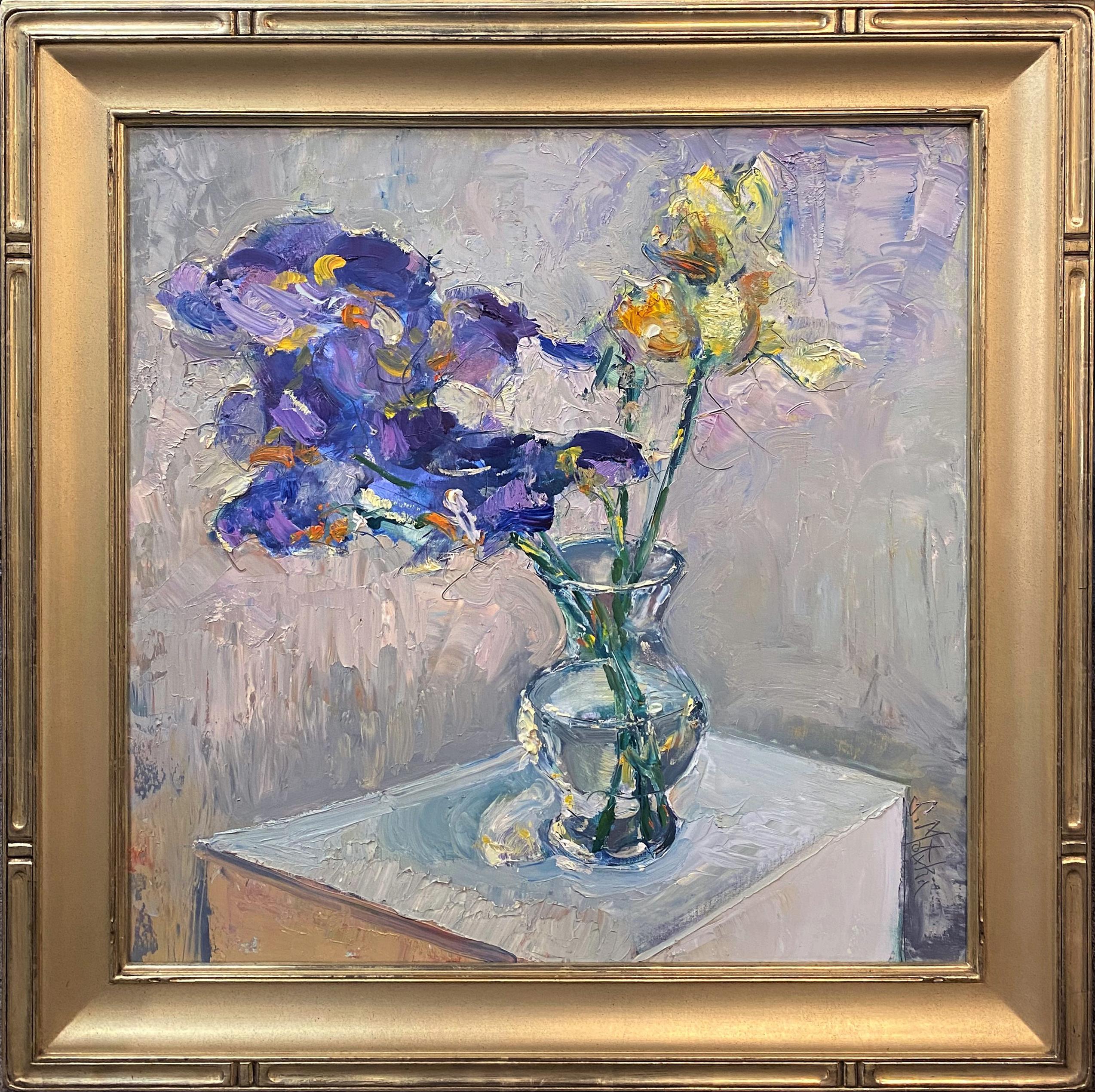 Stephen Motyka Still-Life Painting - Irises in a Glass Vase