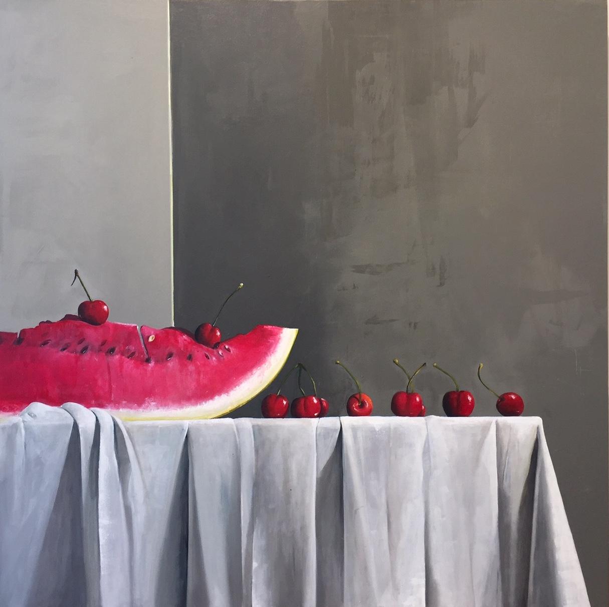 When Life is Still / watermelon and cherries - Magic Realism - American Realist Painting by Stephen Namara