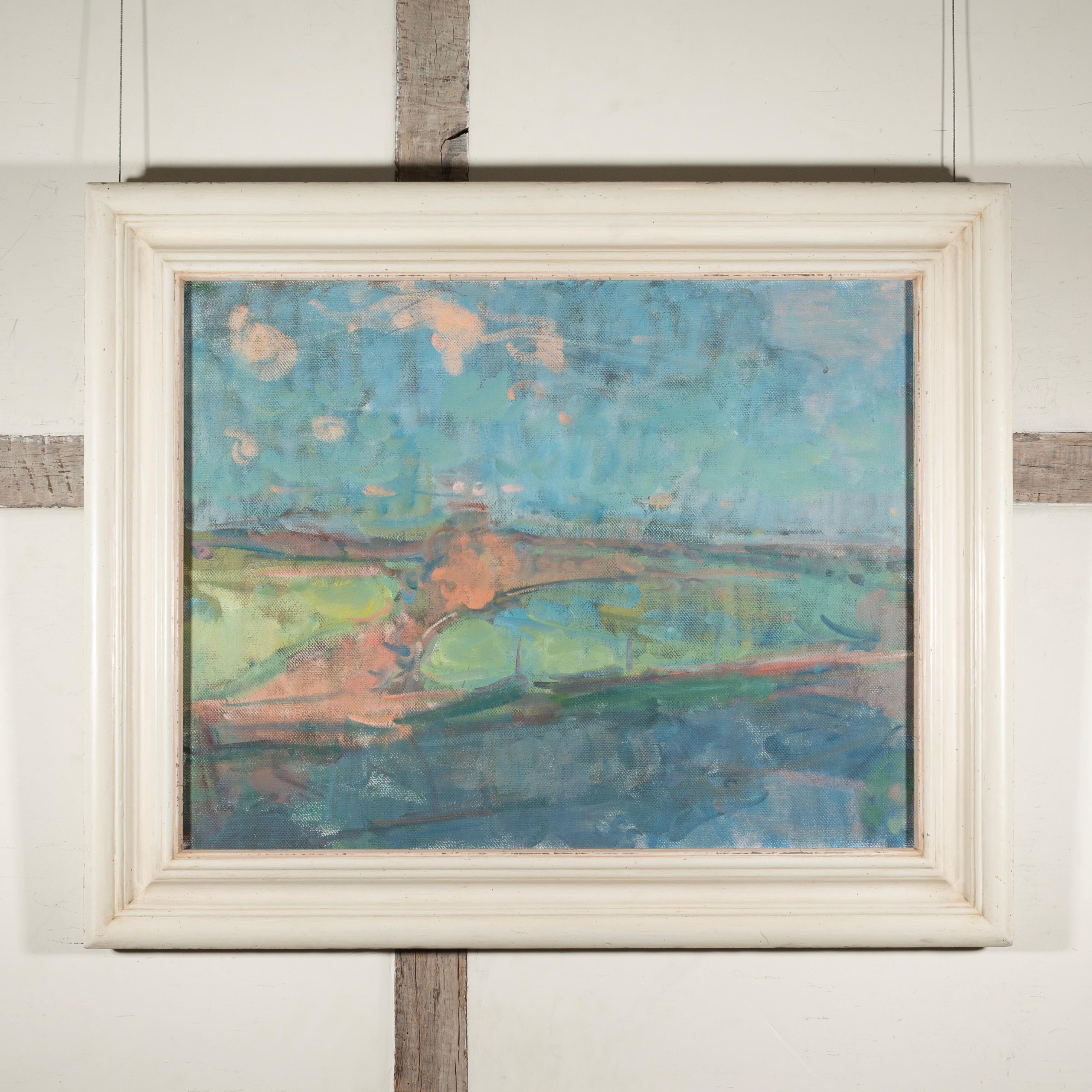 Principios de otoño, llanura de Salisbury, 2024 - Pintura inglesa de paisaje, rosa + azul - Painting de Stephen Palmer
