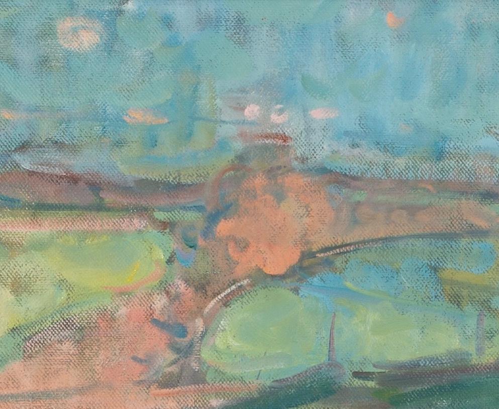 Principios de otoño, llanura de Salisbury, 2024 - Pintura inglesa de paisaje, rosa + azul - Figurative Painting Gris de Stephen Palmer