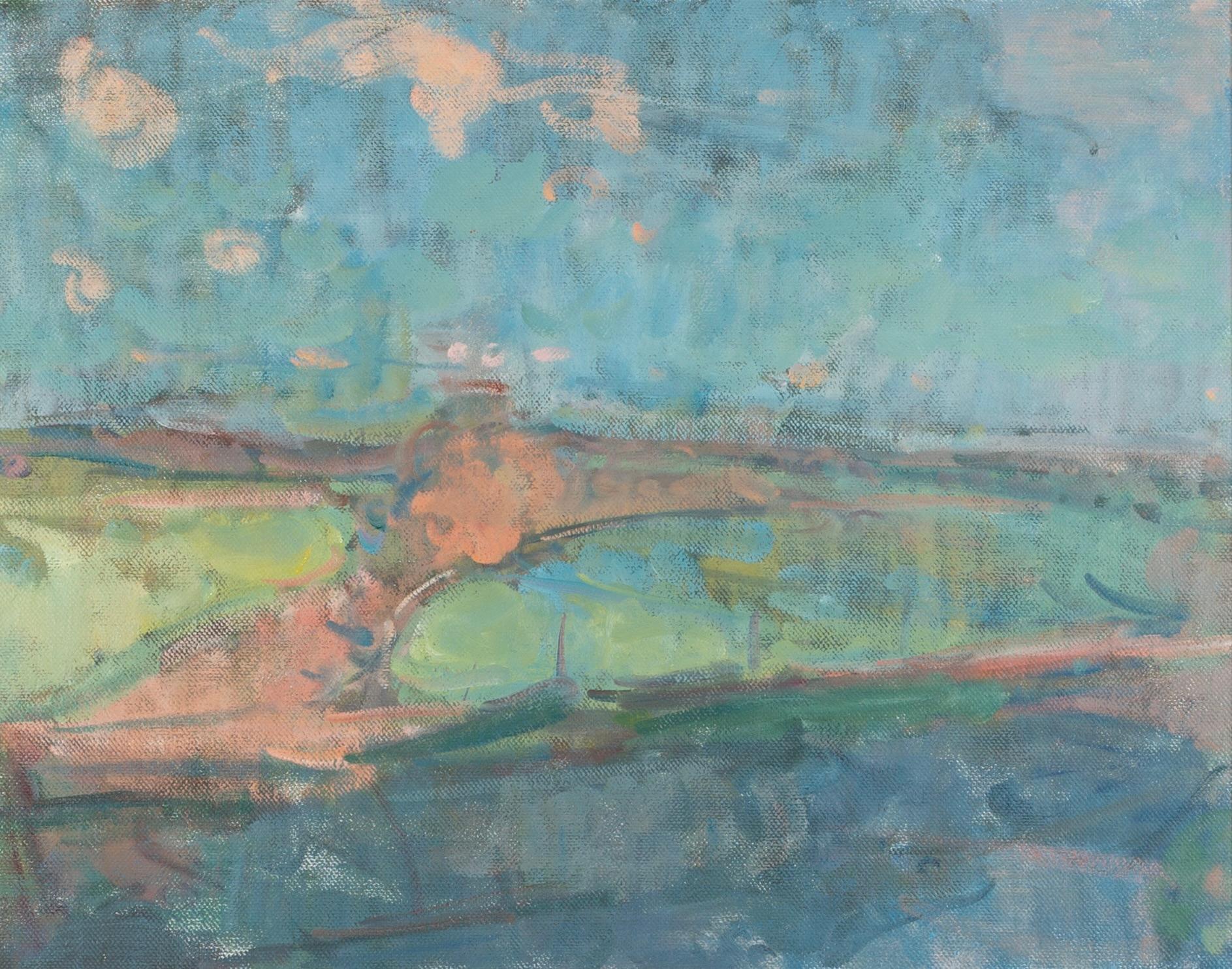 Figurative Painting de Stephen Palmer - Principios de otoño, llanura de Salisbury, 2024 - Pintura inglesa de paisaje, rosa + azul