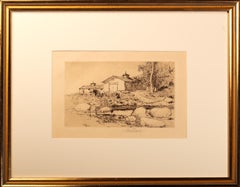 "Old Barns, " realist landscape ink print rural scene signed