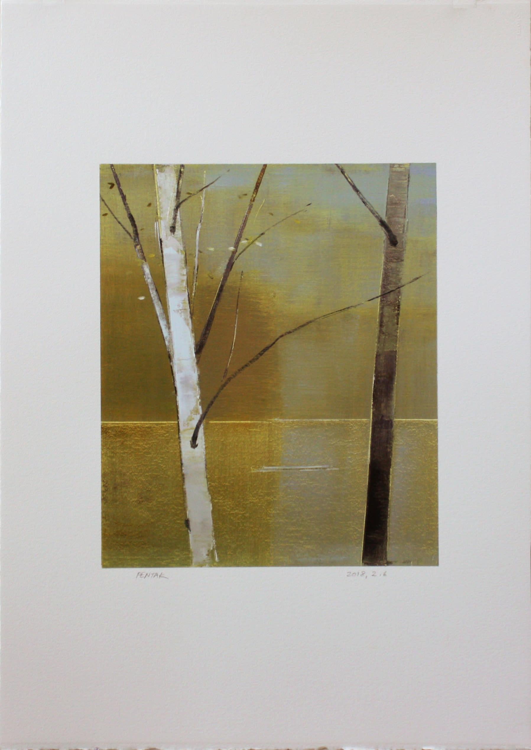 Stephen Pentak
2018, 2.6, 2018
oil on paper
paper size: 42 x 30 in.
image size: 22.5 x 19 in.
(pent473)

This original oil painting on paper by Stephen Pentak depicts a serene and beautiful lake waterscape in shades of brown, yellow, and