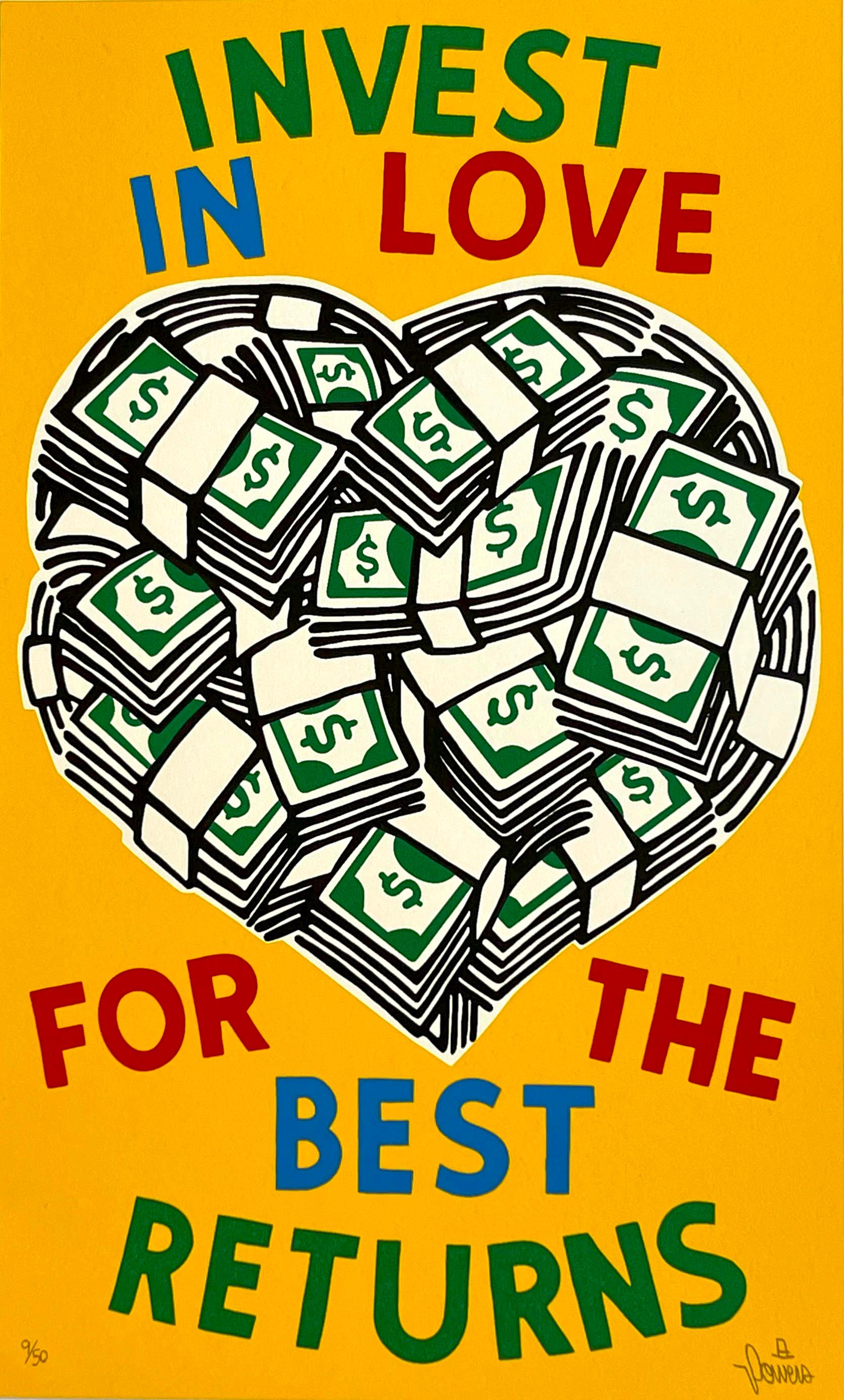Stephen Powers Figurative Print - "Invest in Love" signed and numbered 9/50 Pop Art Street Art heart & money print