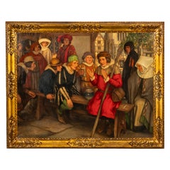 Antique Oil on Canvas Painting Medieval Figurative Village Scene Fishing 1918