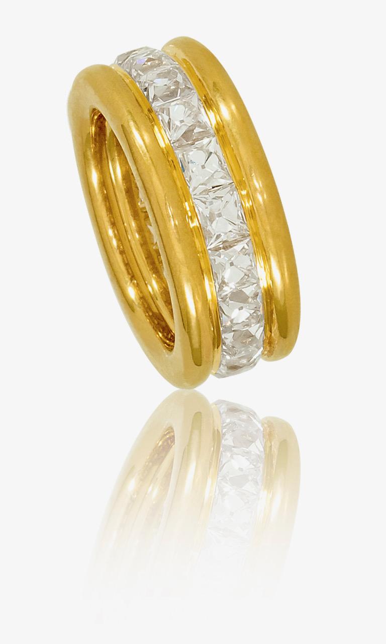 PureYellow Gold French Diamonds  Eternity Band Ring by Stephen Russell
A unique master-made 20-karat yellow gold Eternity Double Band ring set with rare 4.88 carats of  19 French Square Cut high-quality white natural diamonds. Our ring is
