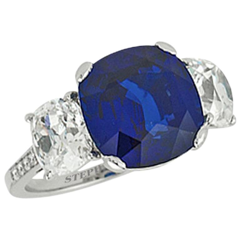 Stephen Russell 8.09 Carat "Royal Blue" Ceylon Sapphire and Diamond 3-Stone Ring