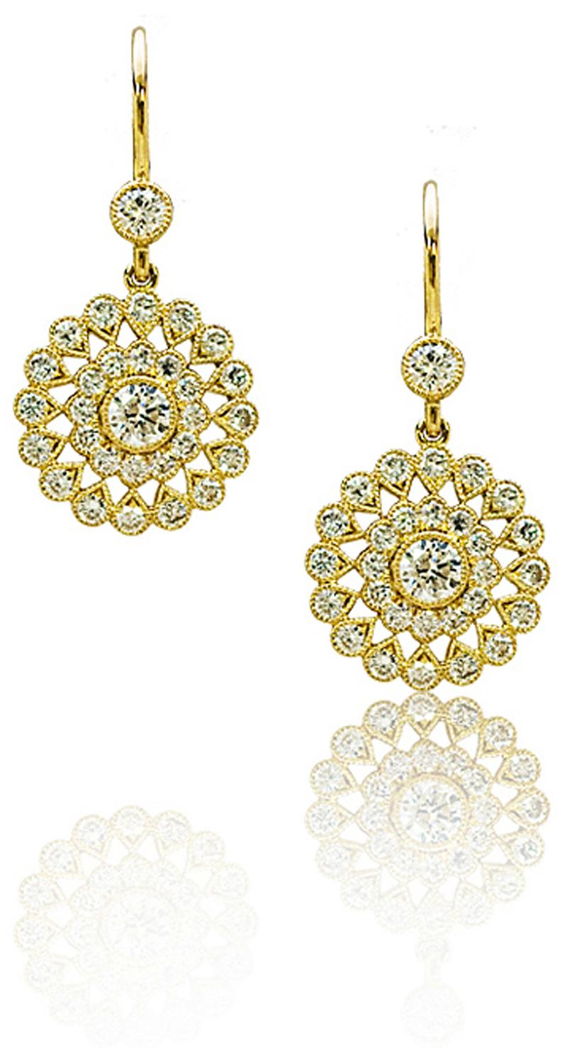 Stephen Russell 18K Gold and Diamond Flower Earrings  60 Diamonds 1.18ct. available in 18K yellow or white gold