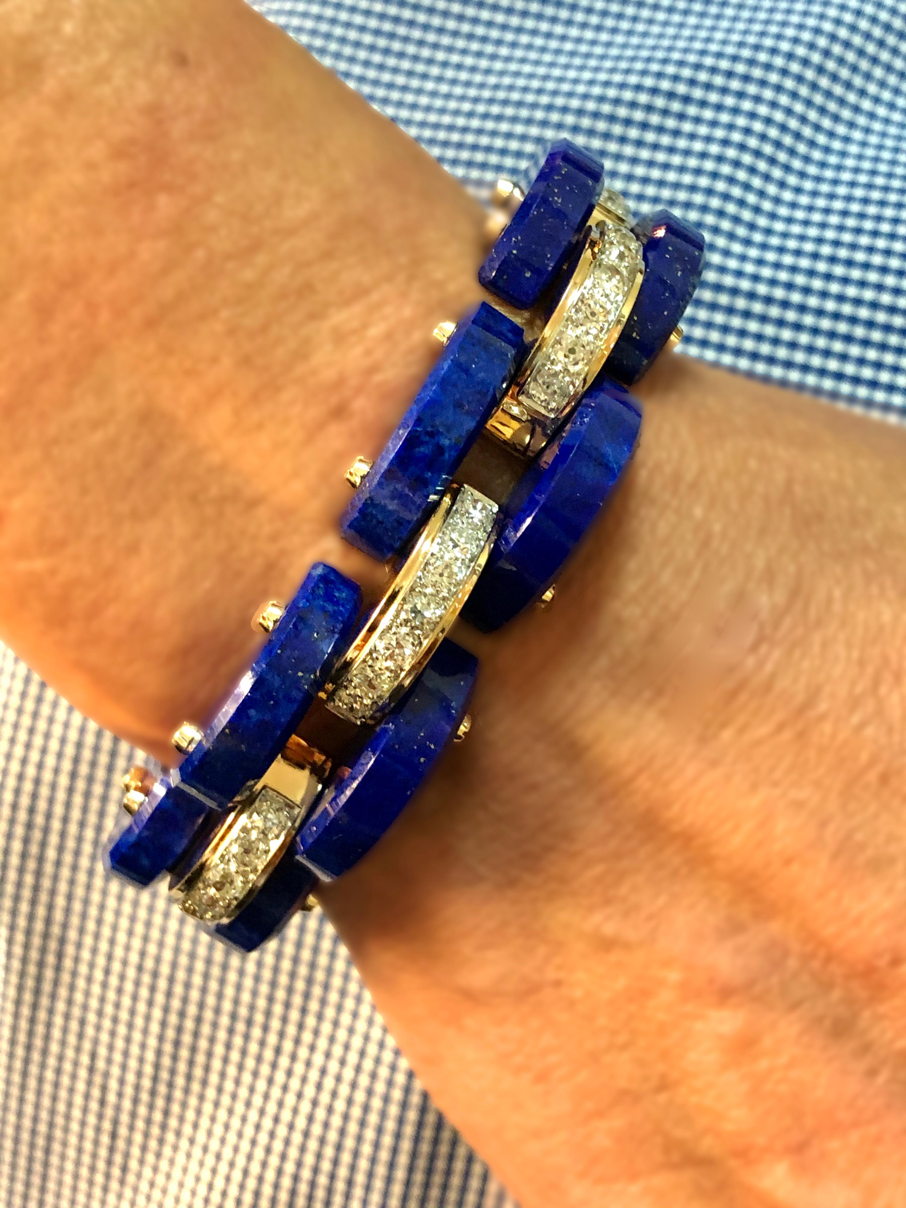 Retro Stephen Russell Lapis Lazuli Diamond and Gold Bracelet For Sale