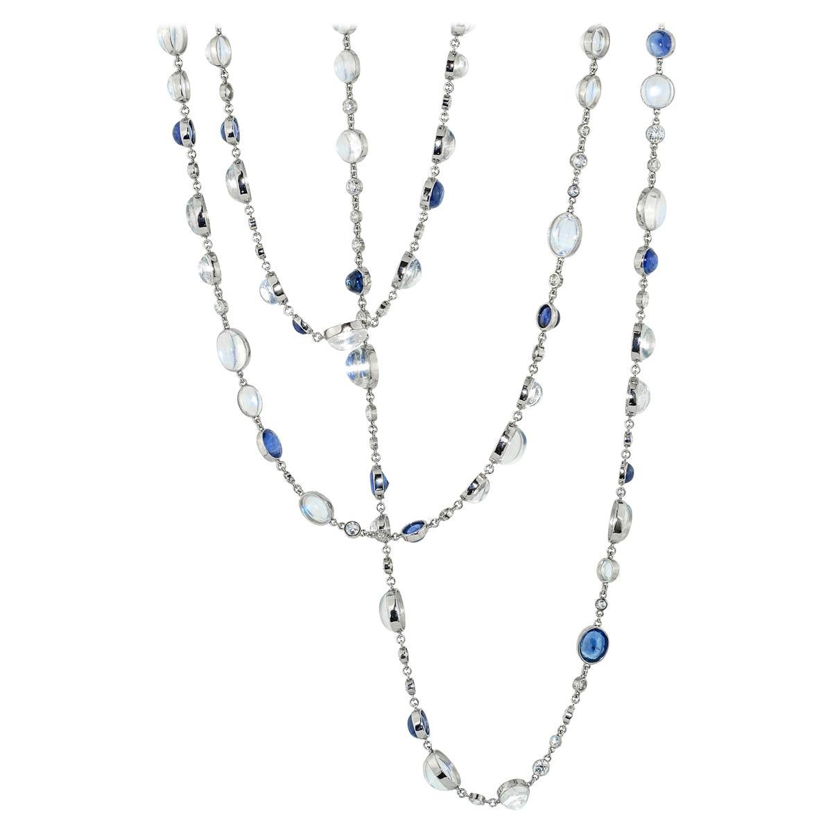 Stephen Russell Diamond Moonstone Sapphire and Platinum Chain For Sale