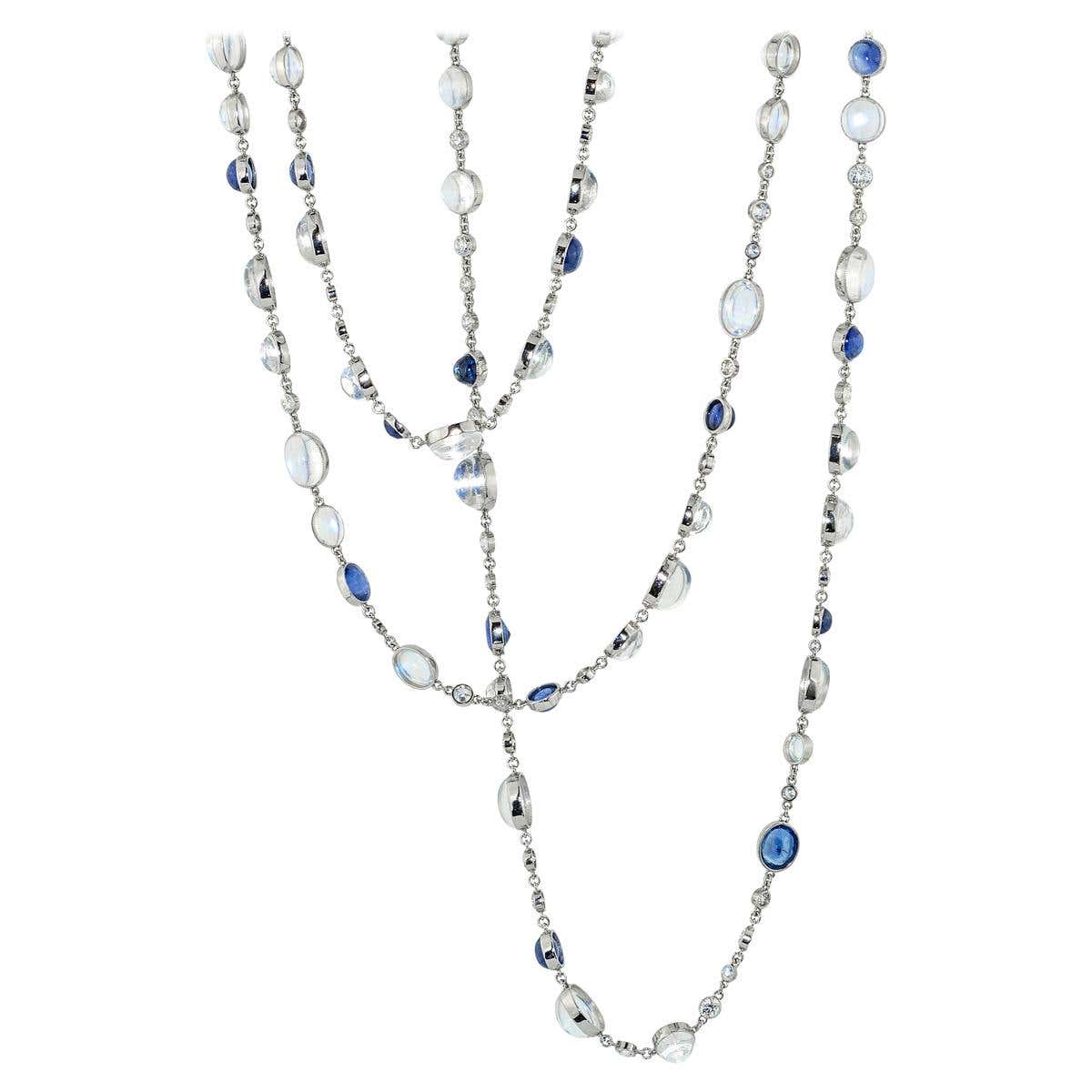 Stephen Russell Diamond Moonstone Sapphire and Platinum Chain For Sale ...