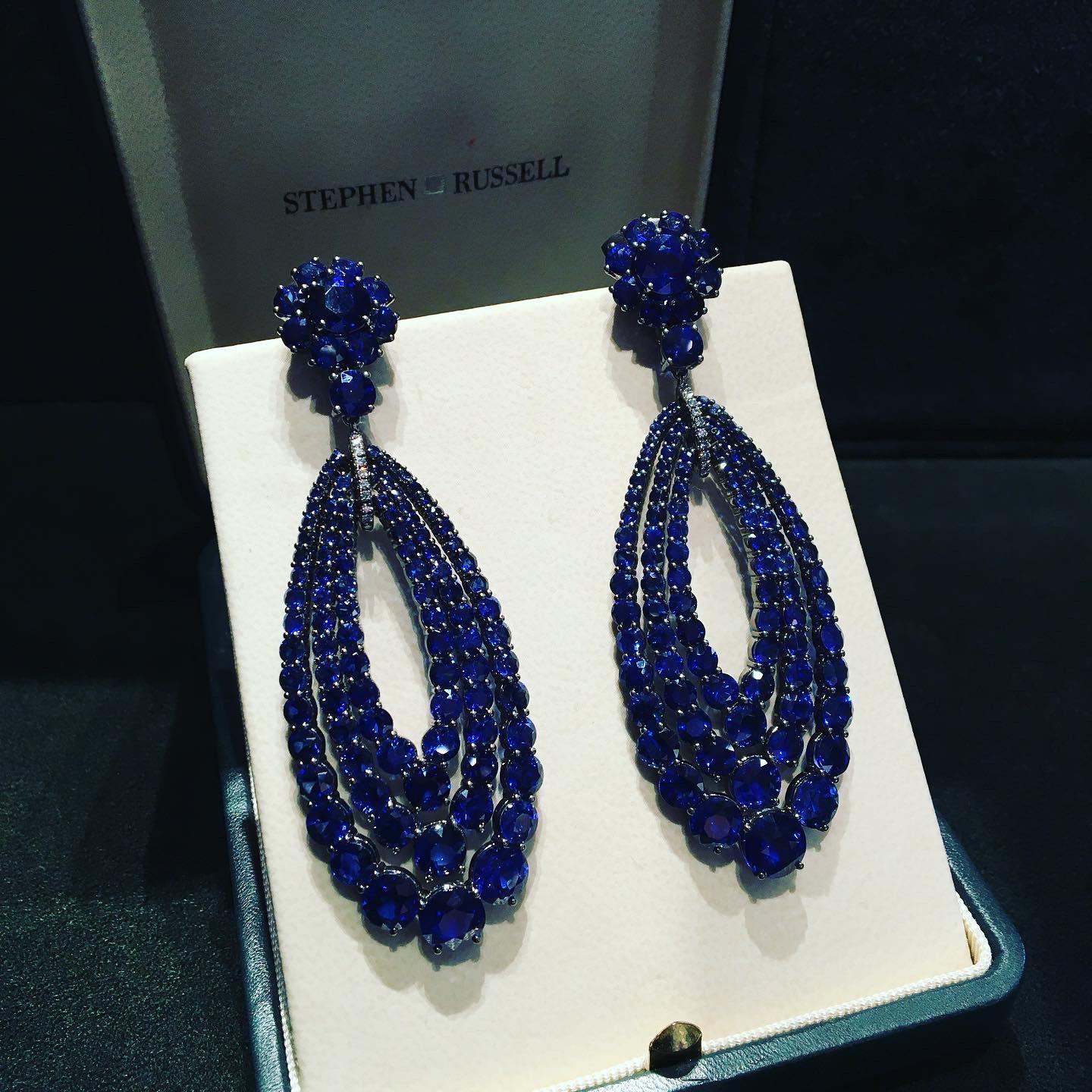 Stephen Russell 18K Blackened Gold & Sapphire Earrings; Set with 210 Brilliant Cut Sapphires 34.38ct total weight.