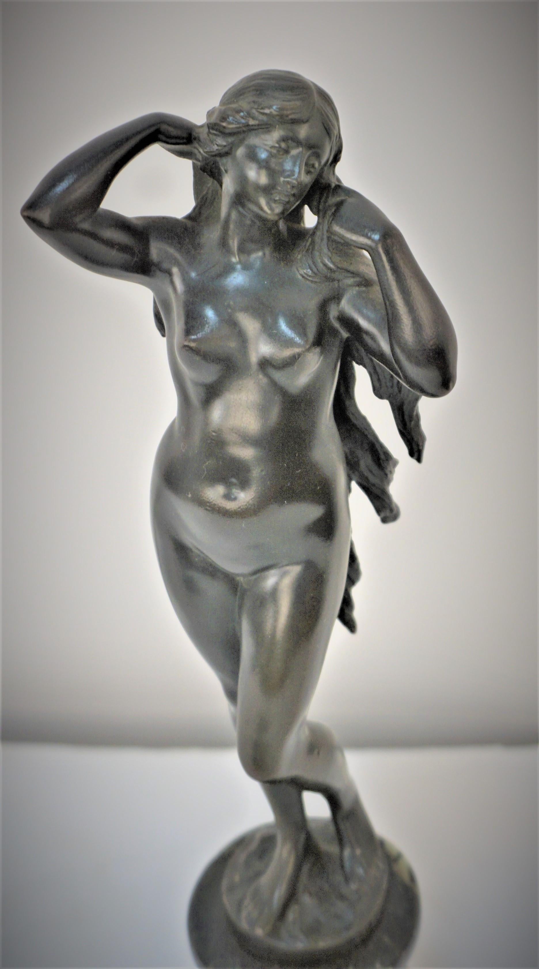 Early 20th century nude sculptural bronze with long hair over marble stand by Stephen Schwartz (1851-1924)