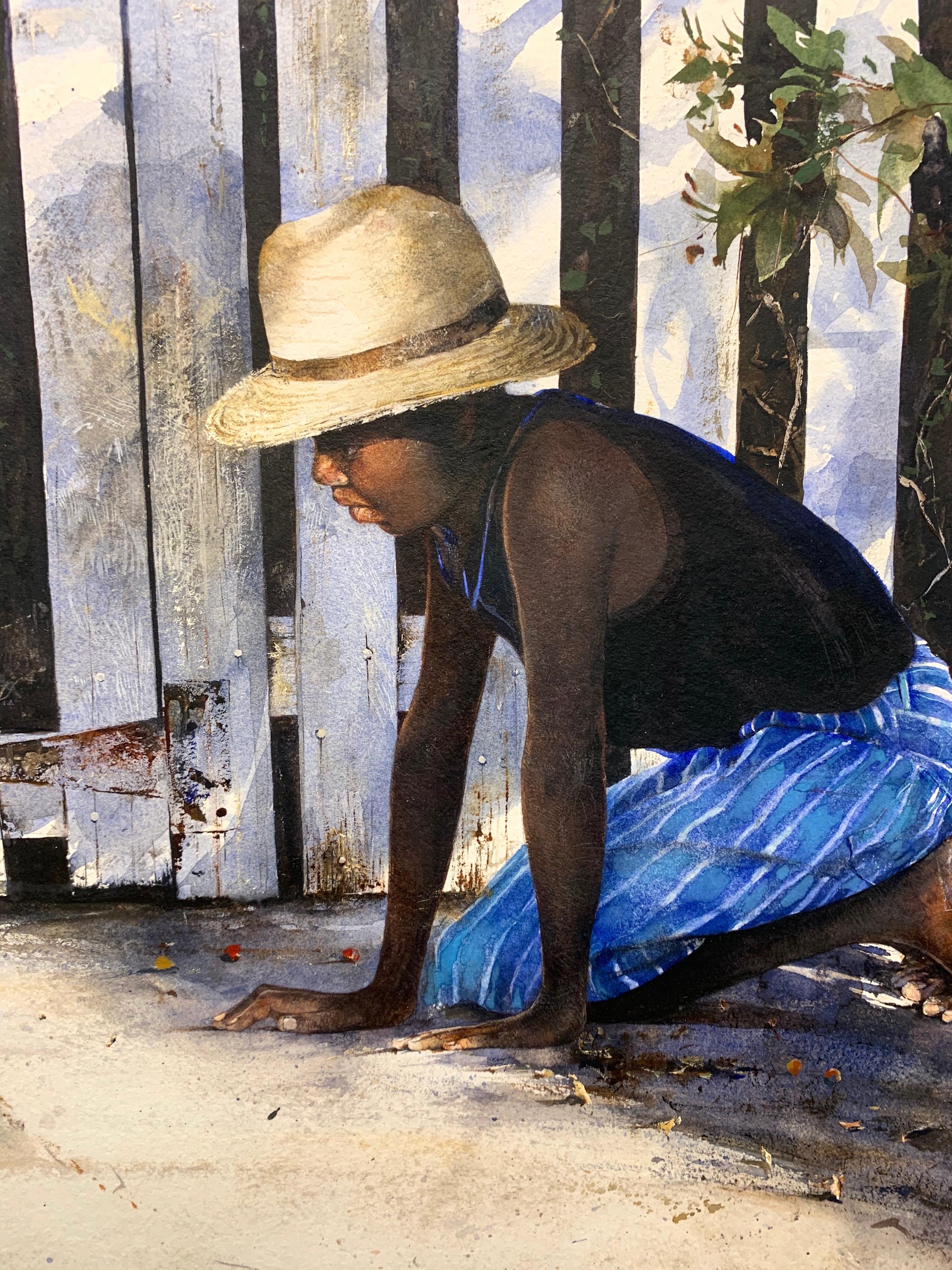 Giochi dell'isola (Lucky Shot) - Figurative Painting Grigio di Stephen Scott Young