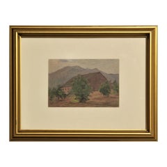 Rustikaler Impressionist "Rote Scheune" Ländliche bergige pastorale Landschaft Gemälde