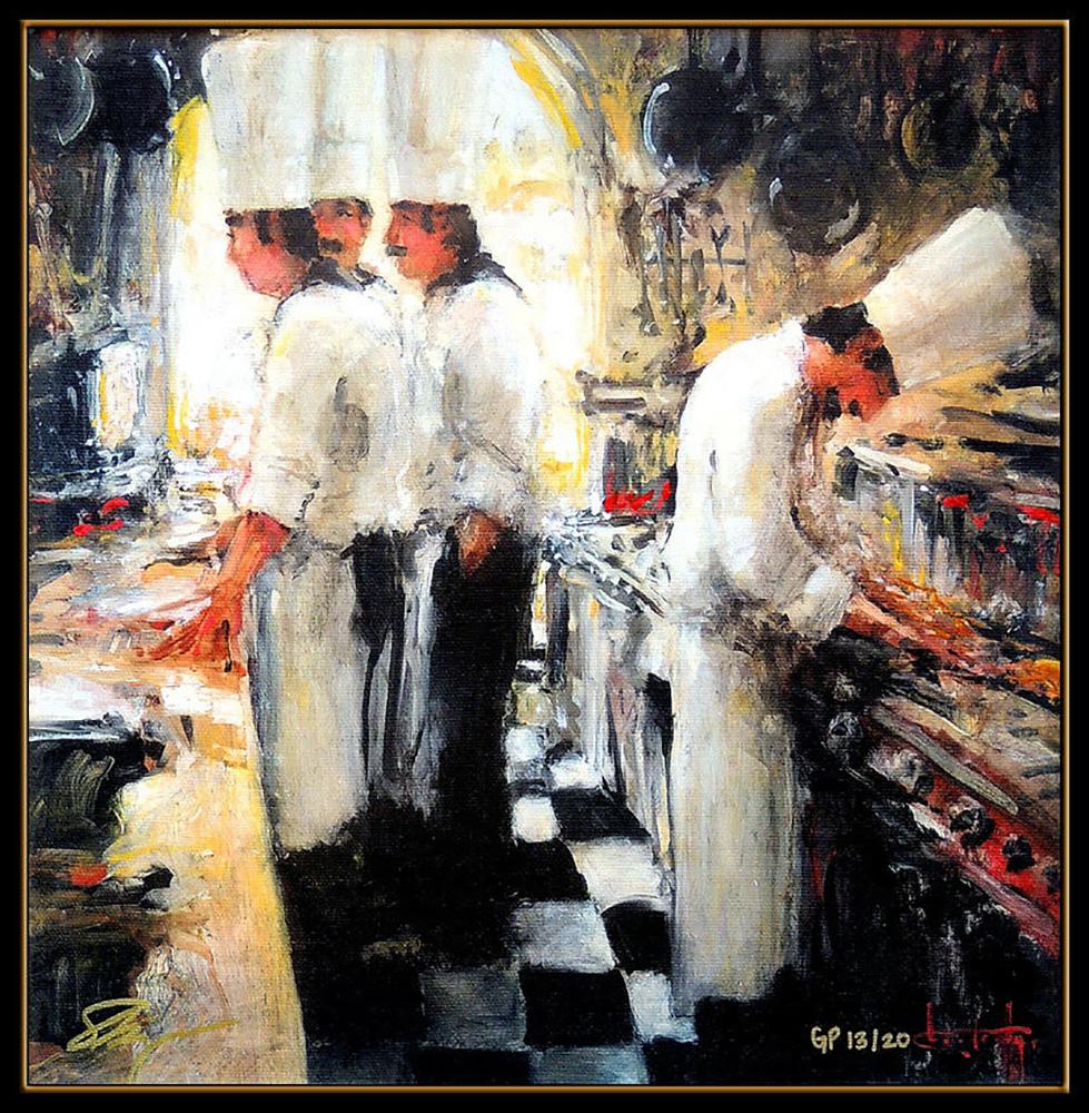 Artist: Stephen Shortridge
Title: Tonight's Special
Medium: Giclee on Canvas
Edition Number: Edition of 20 (13 0f 20)
Artwork Size: 12 x 12 Unframed
Frame Size: 19 x 19 Framed 
