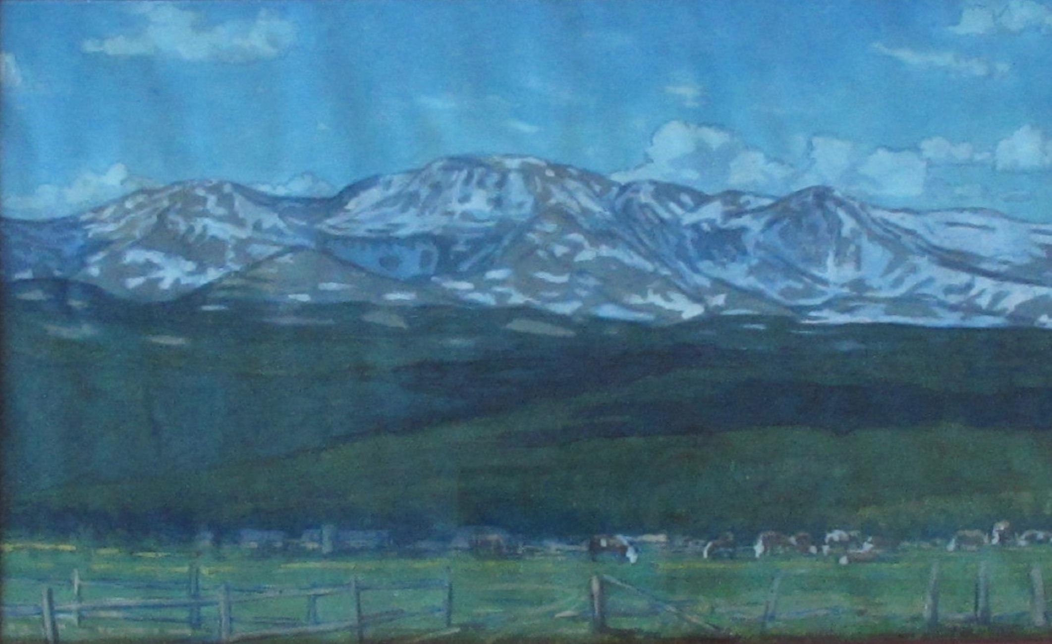 Le montagne del ranch del bestiame in estate - Painting Realismo di Stephen Smalzel