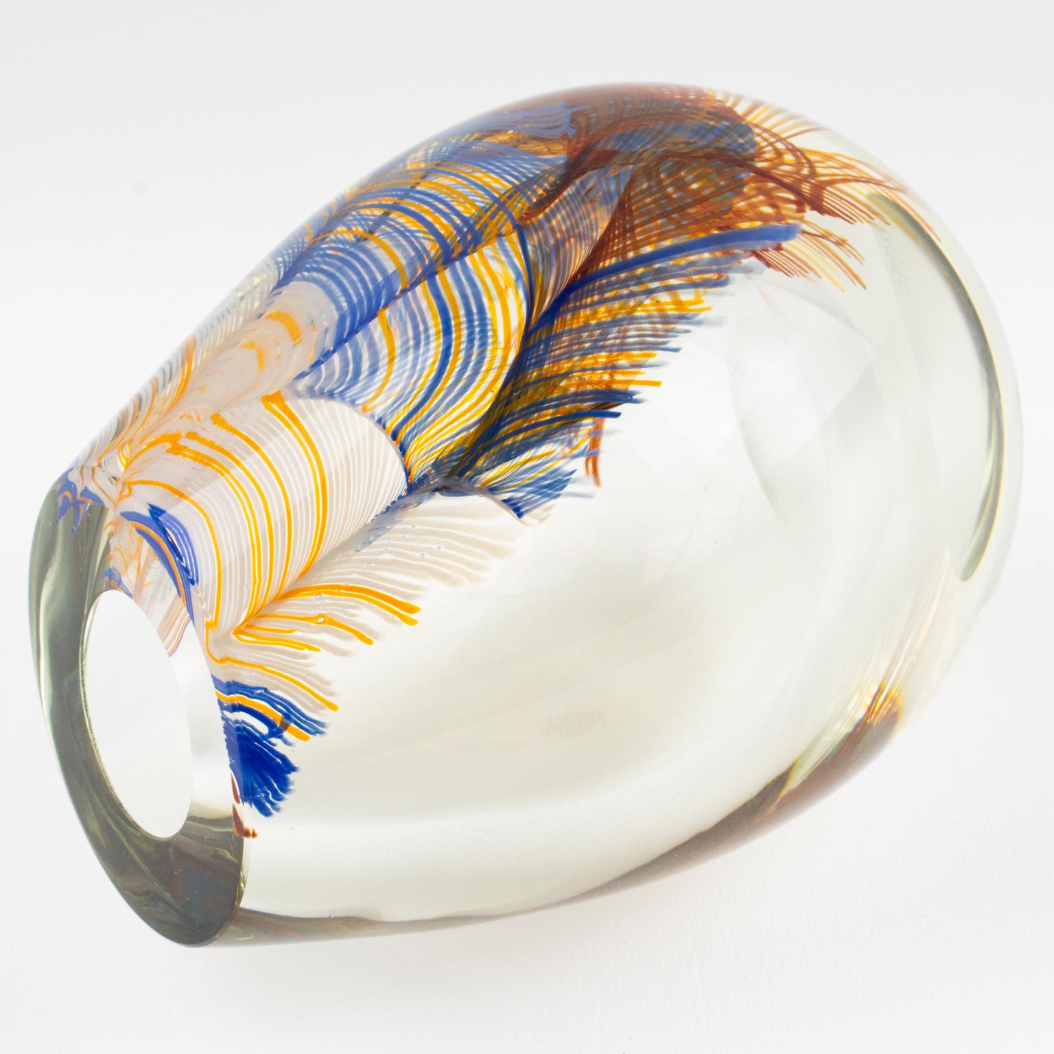 Stephen Smyers Modern Blown Art Glass Vase Abstract Feather Design, 1979 5