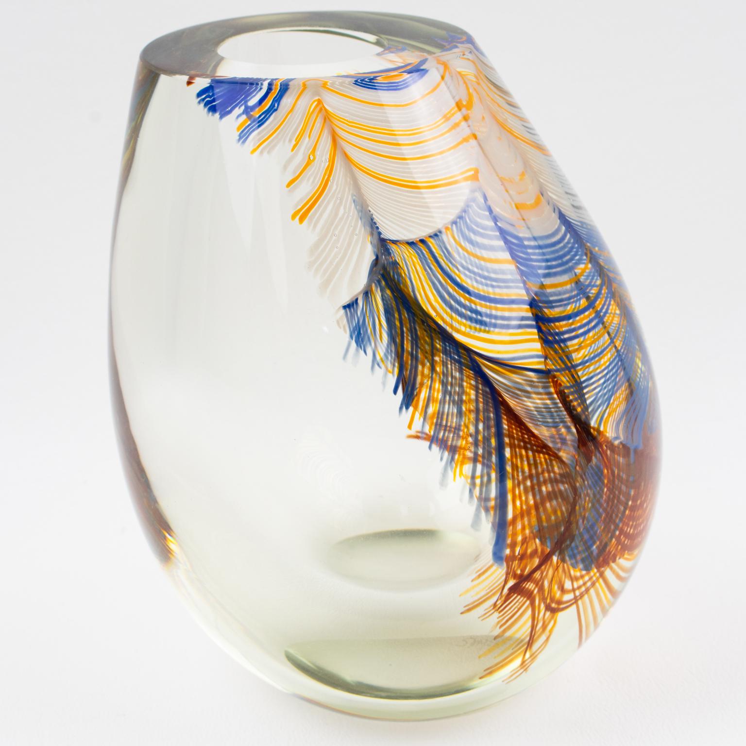 Stephen Smyers Modern Blown Art Glass Vase Abstract Feather Design, 1979 6