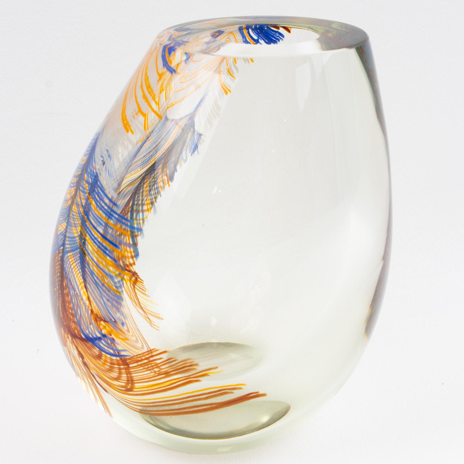 Stephen Smyers Modern Blown Art Glass Vase Abstract Feather Design, 1979 8