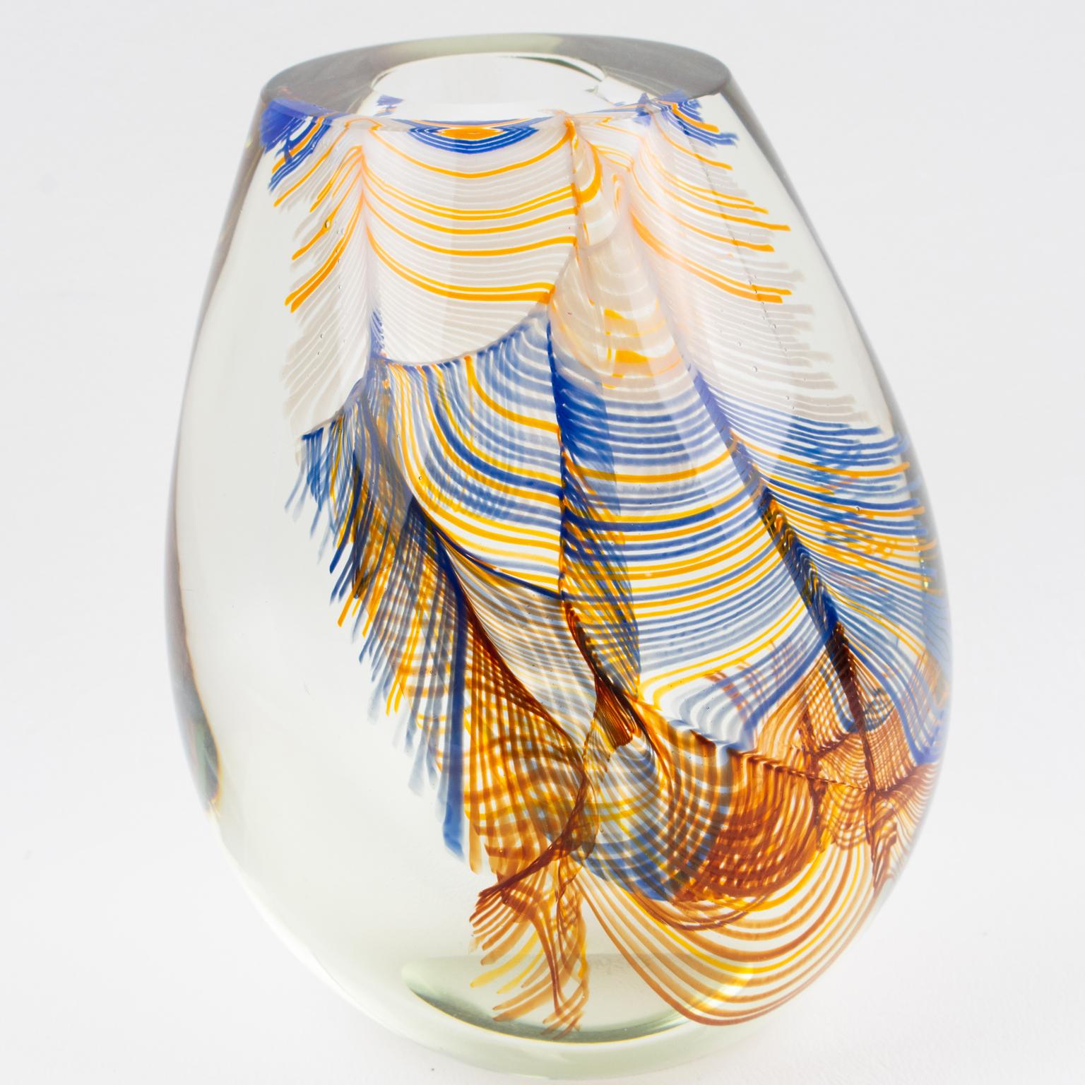 Stephen Smyers Modern Blown Art Glass Vase Abstract Feather Design, 1979 9