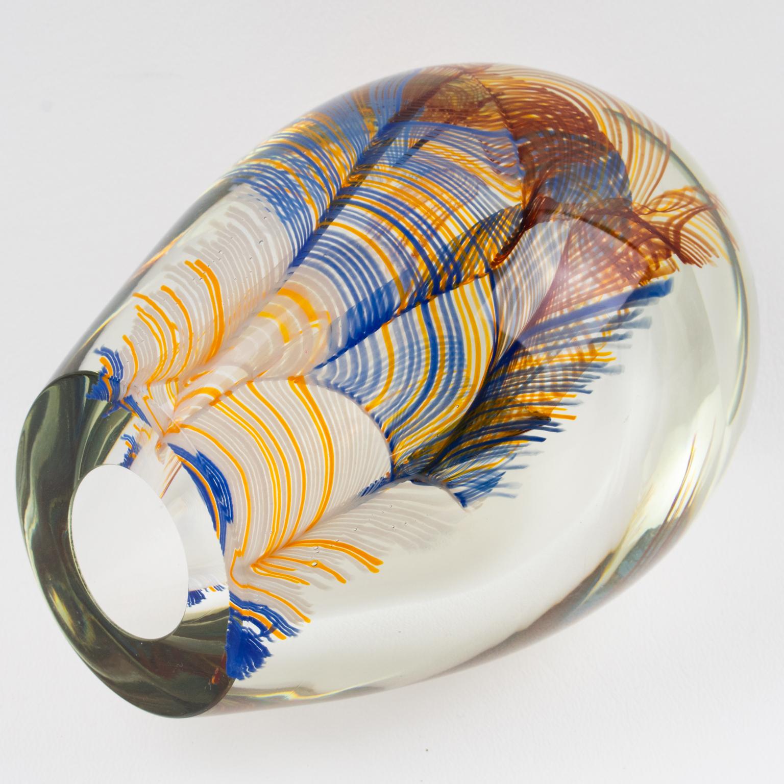 Stephen Smyers Modern Blown Art Glass Vase Abstract Feather Design, 1979 10