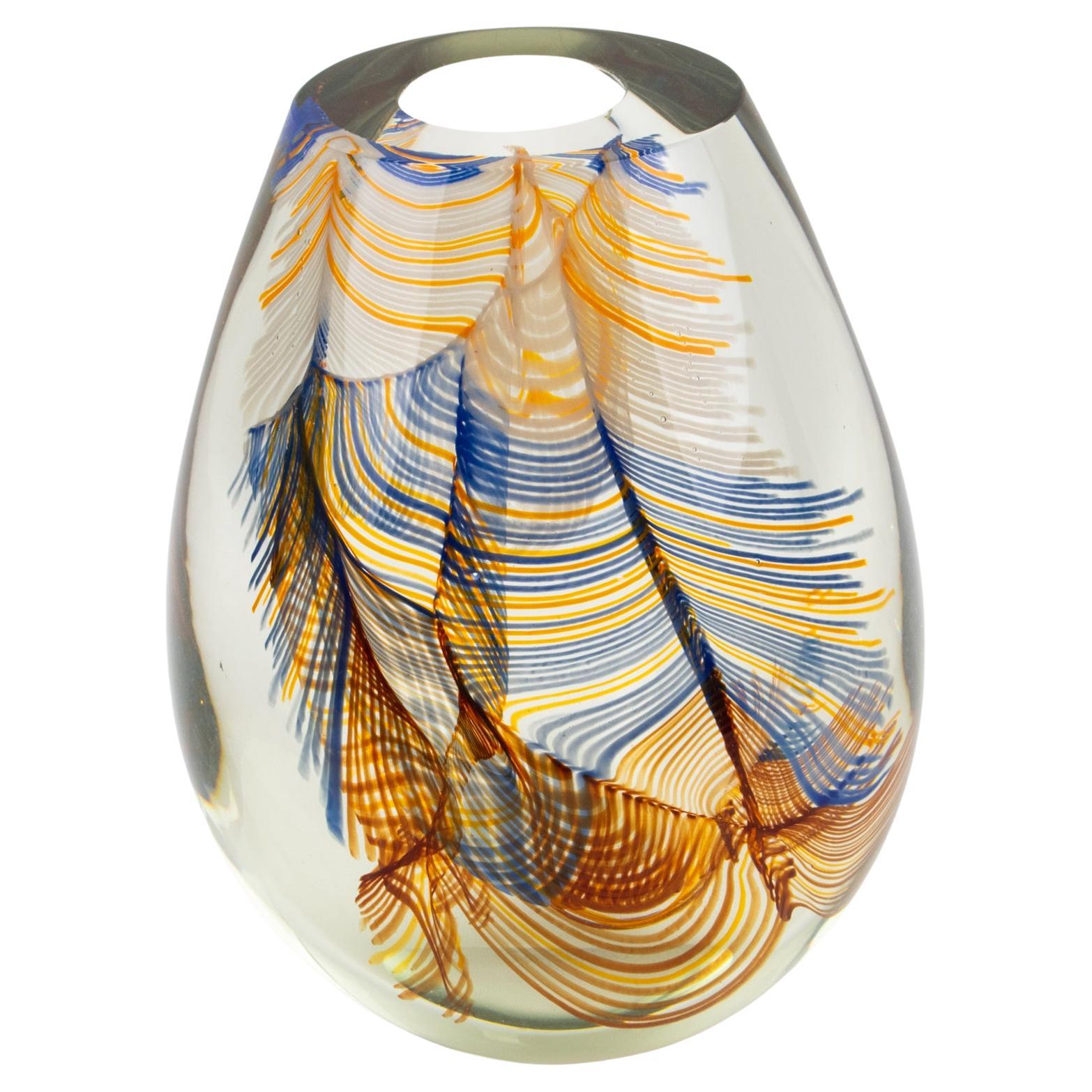 Late 20th Century Stephen Smyers Modern Blown Art Glass Vase Abstract Feather Design, 1979