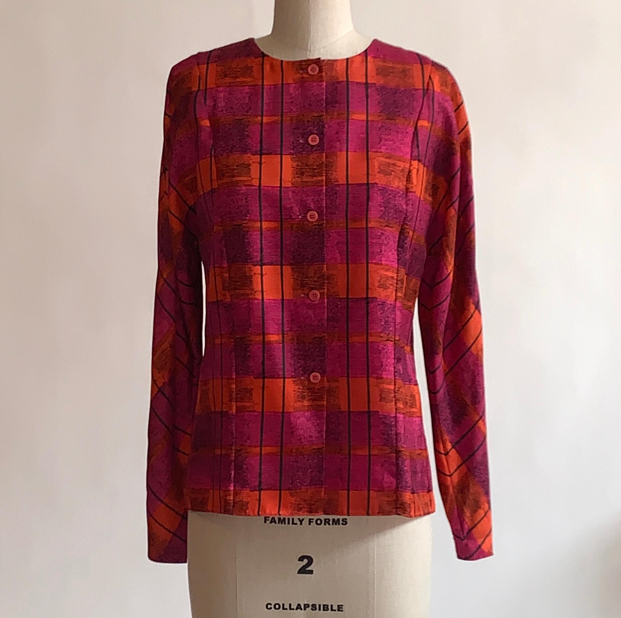 Sprouse by Stephen Sprouse pink and orange check silk long sleeve blouse with round neck, button front, and long sleeves. Black 