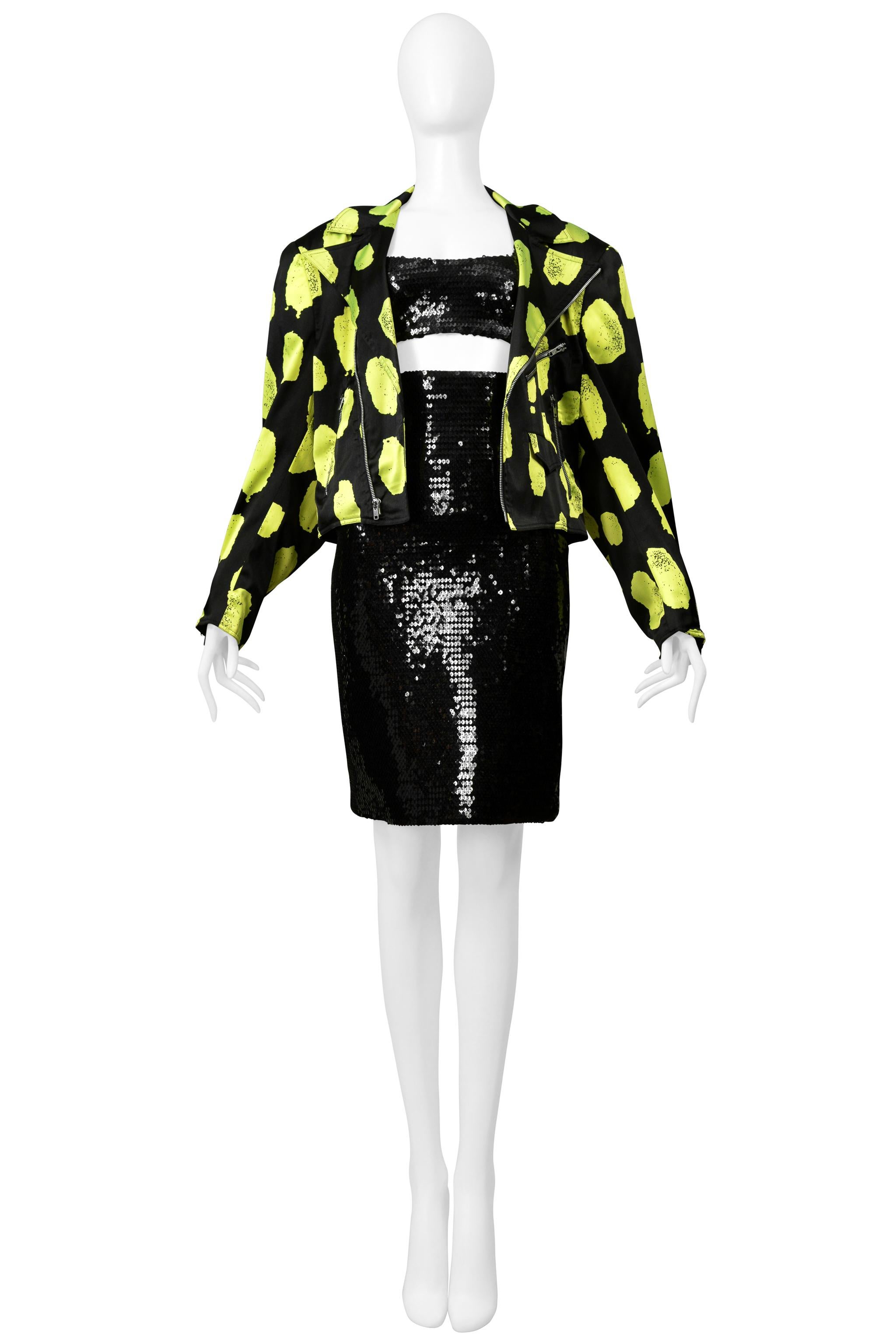 Beige Stephen Sprouse Black & Neon Green Satin Motorcycle Jacket 1988 For Sale