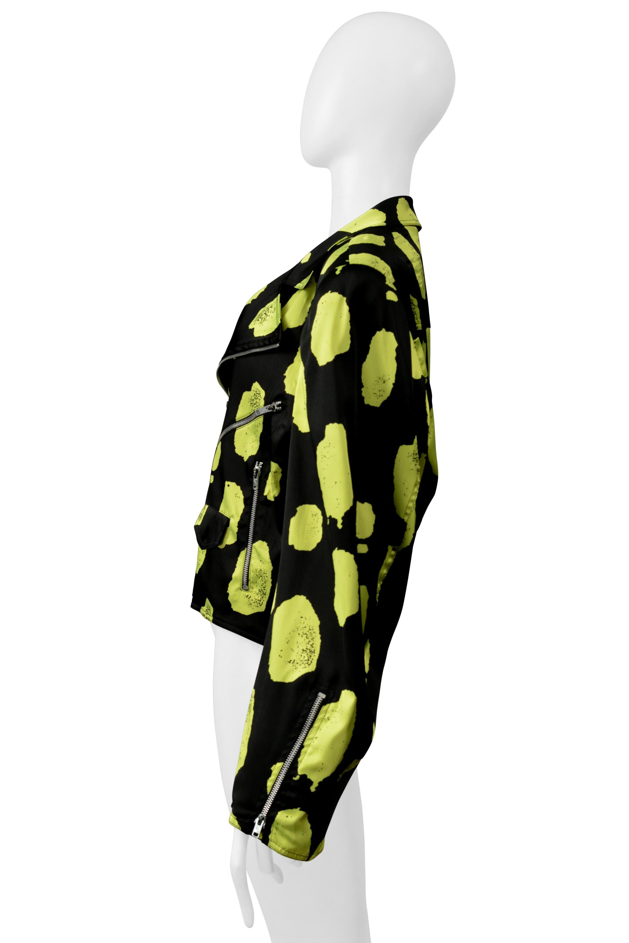 Stephen Sprouse Black & Neon Green Satin Motorcycle Jacket 1988 In Excellent Condition For Sale In Los Angeles, CA