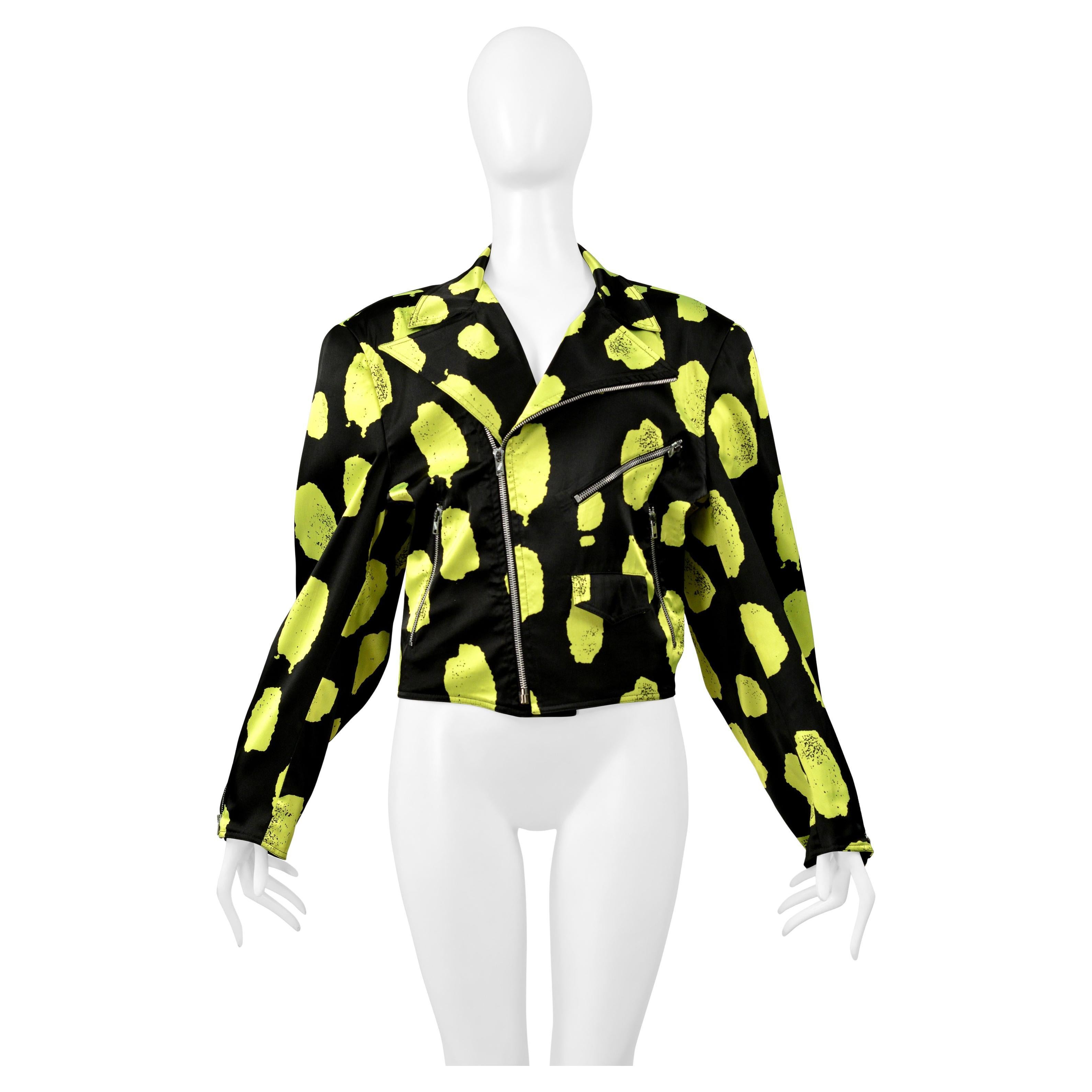 Stephen Sprouse Black & Neon Green Satin Motorcycle Jacket 1988 For Sale