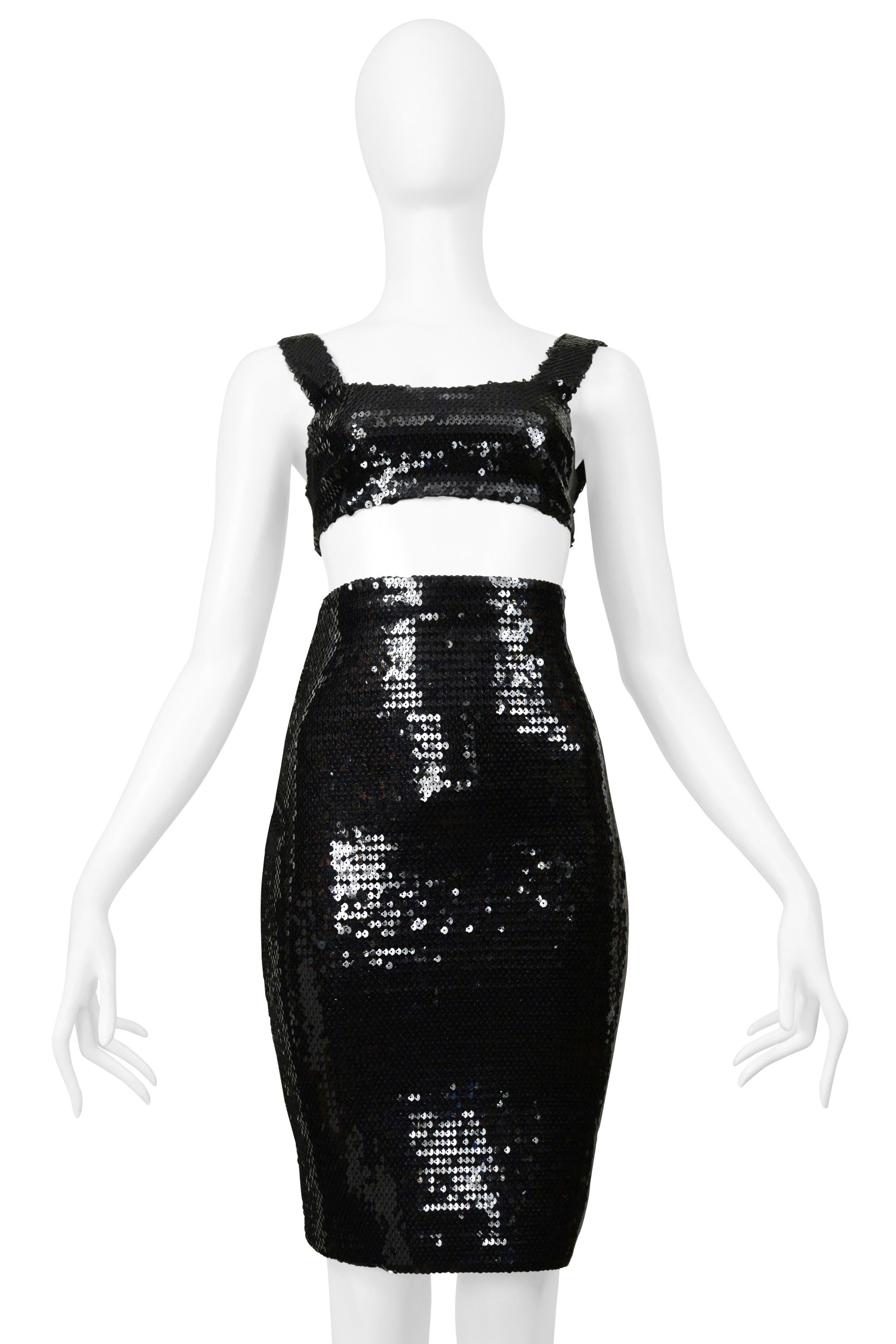 Stephen Sprouse Schwarzes Pailletten-BH-Top und hochtaillierter Rock Damen im Angebot