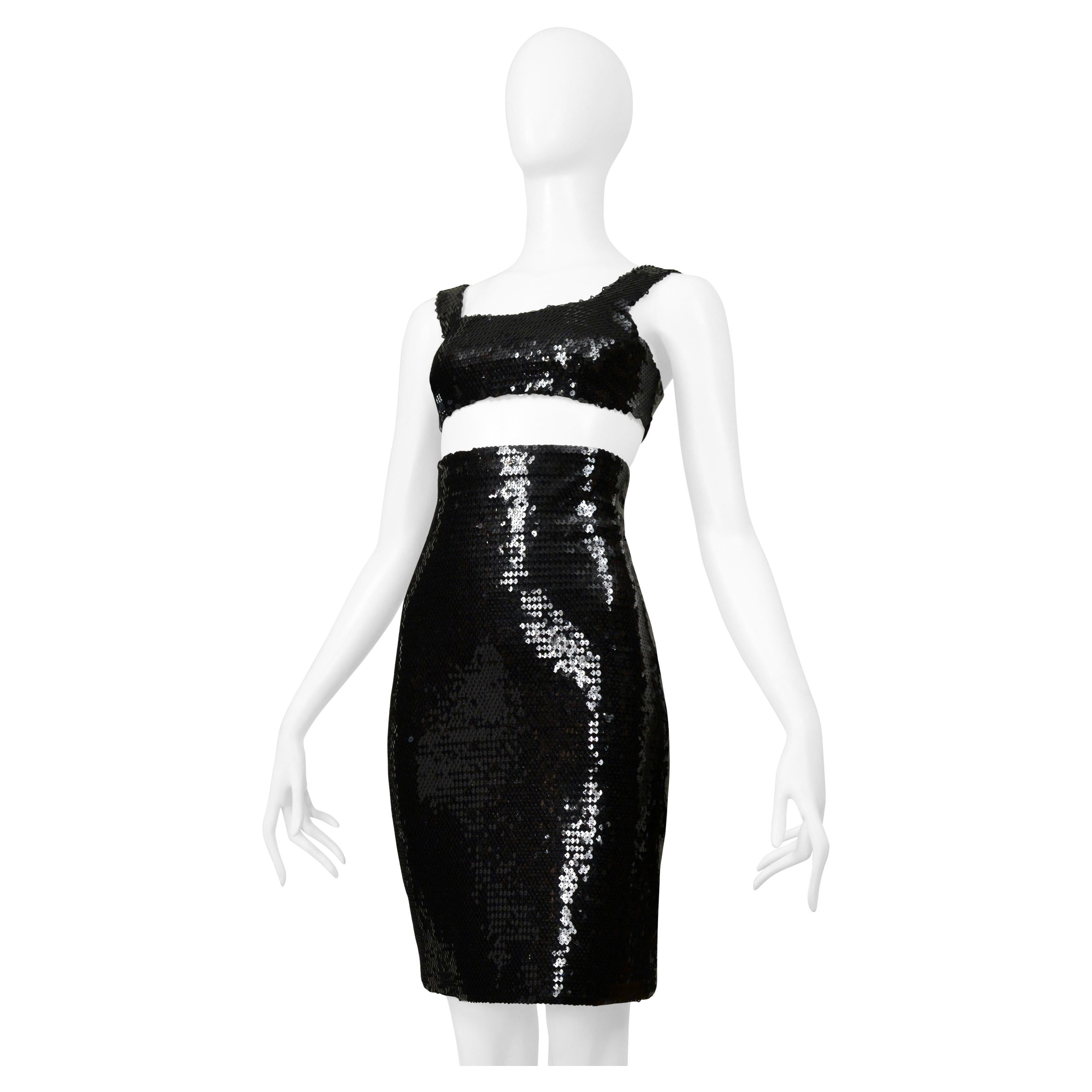Stephen Sprouse Schwarzes Pailletten-BH-Top und hochtaillierter Rock im Angebot