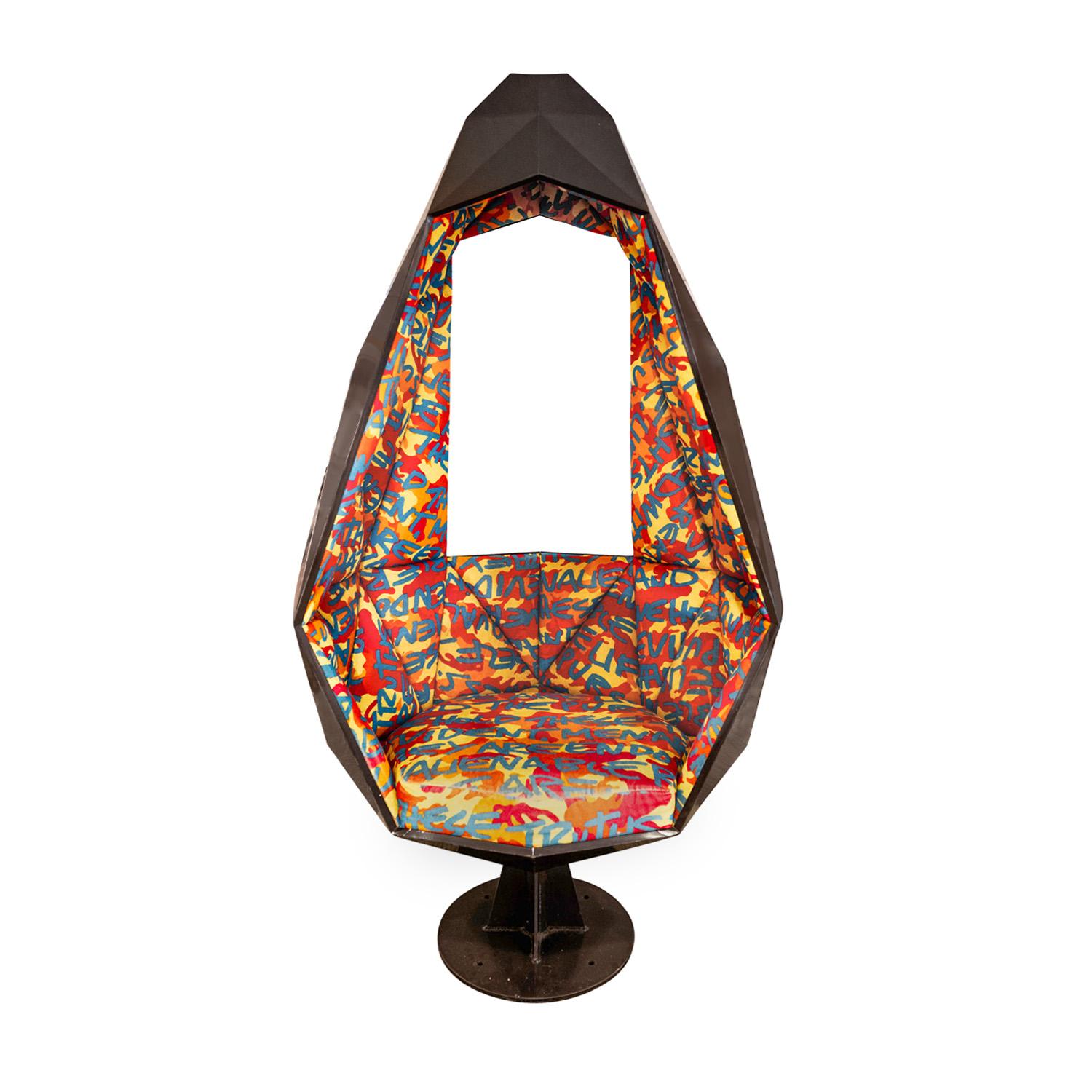 Rare and stunning Pod Chair with faceted body in aluminum with iconic colorful graffiti style fabric with phrases from the Declaration of Independence by Stephen Sprouse (1953-2004) for Knoll, American 2003.  The bases can be attached to the floor. 